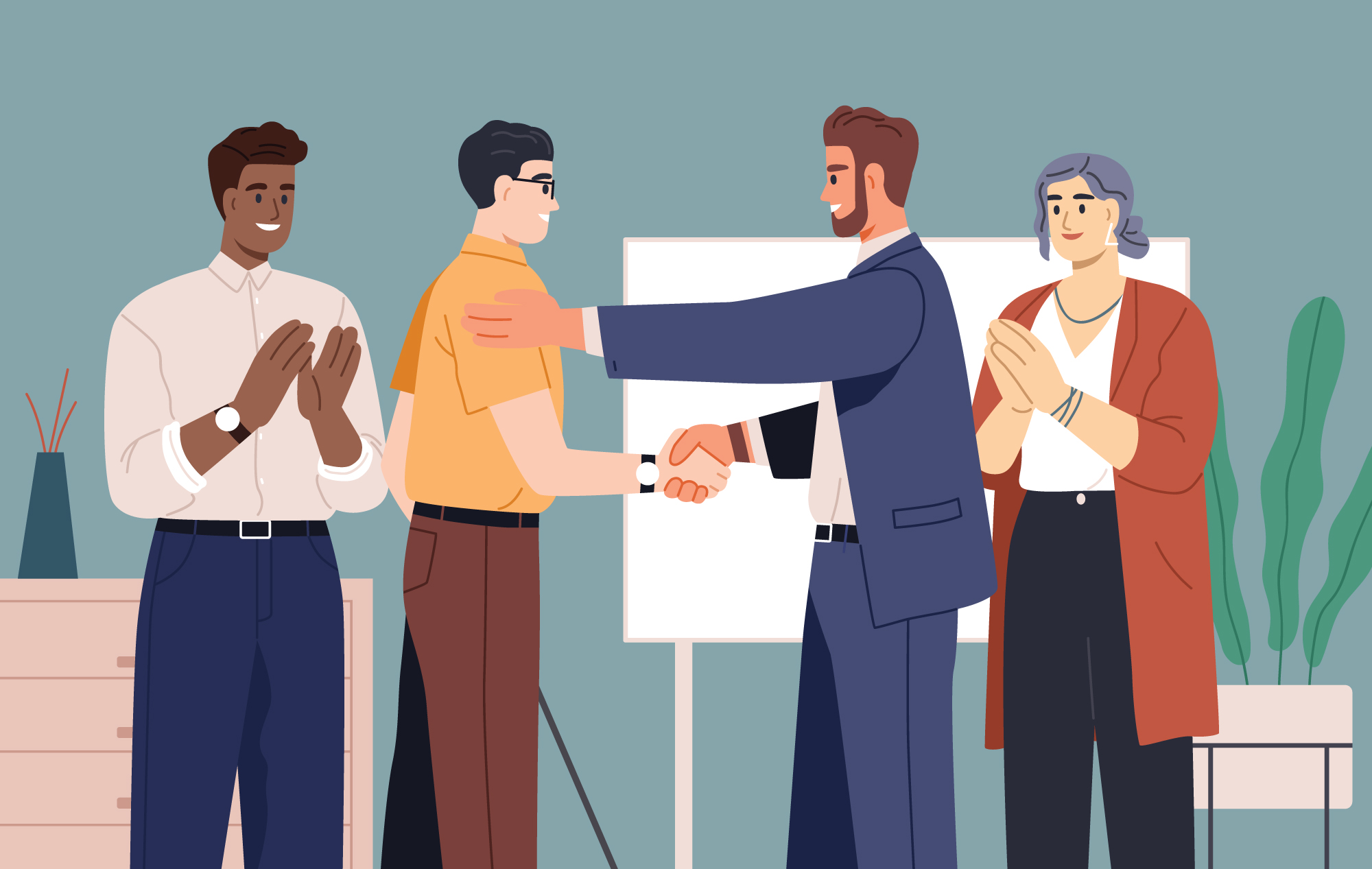 A group of coworkers welcoming a new person to their team.-The new hire has a cane.