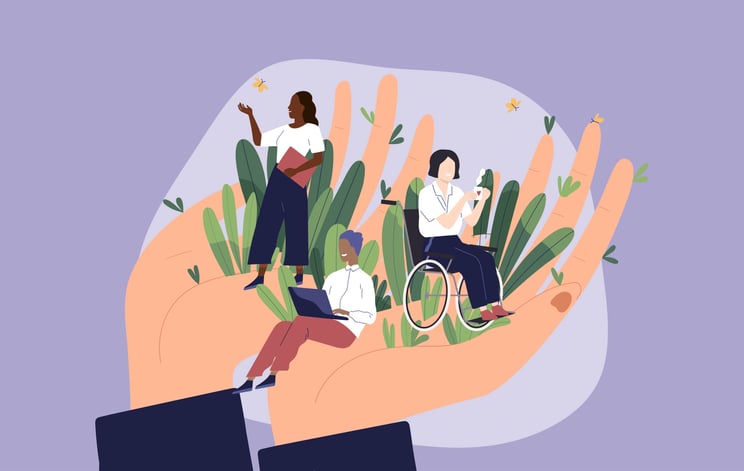 Illustration of two hands holding three people and plants. Imagery to describe fostering growth.
