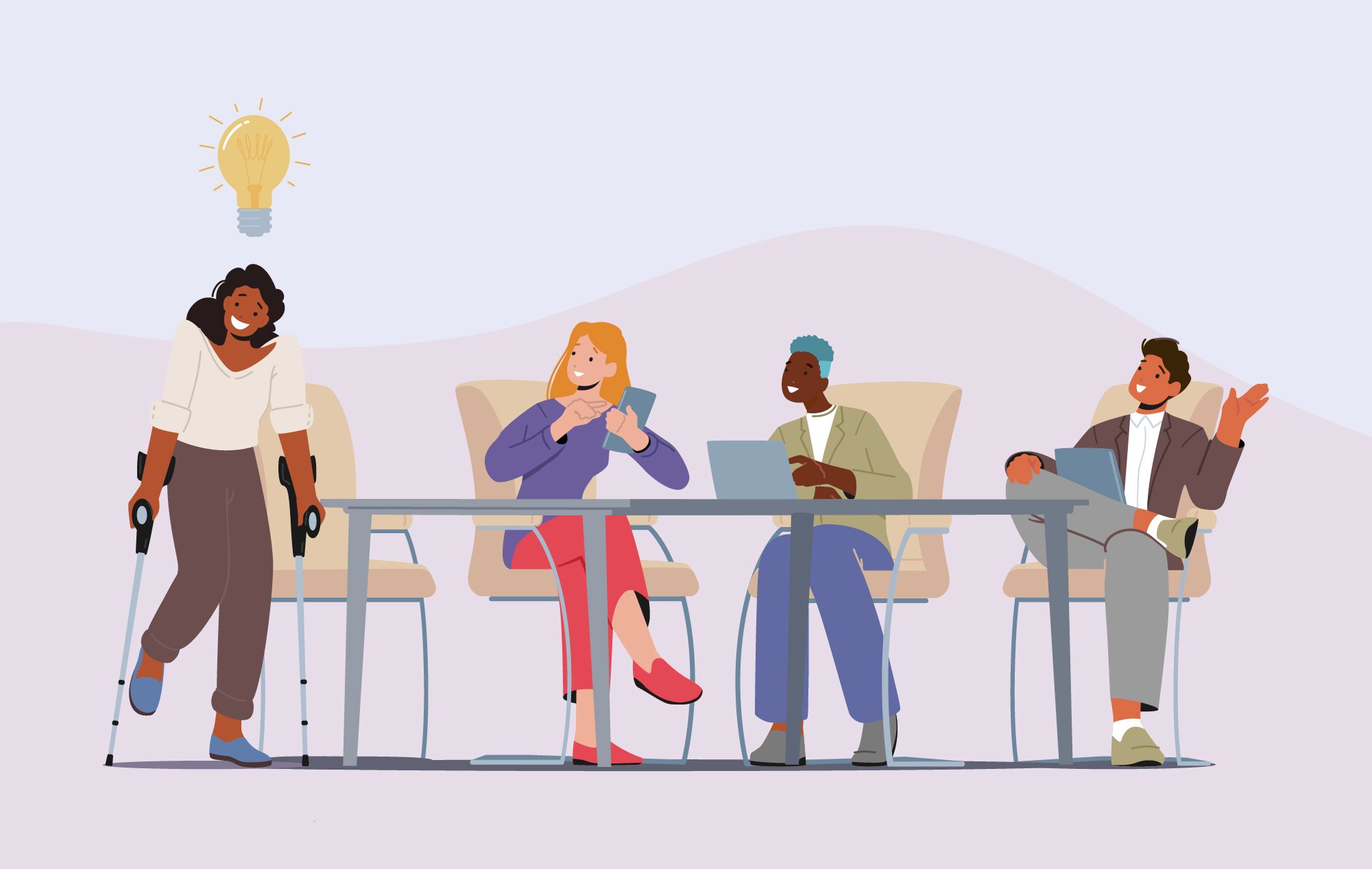 A group of coworkers sit around a table brainstorming. The woman at the head of the table uses forearm crutches.