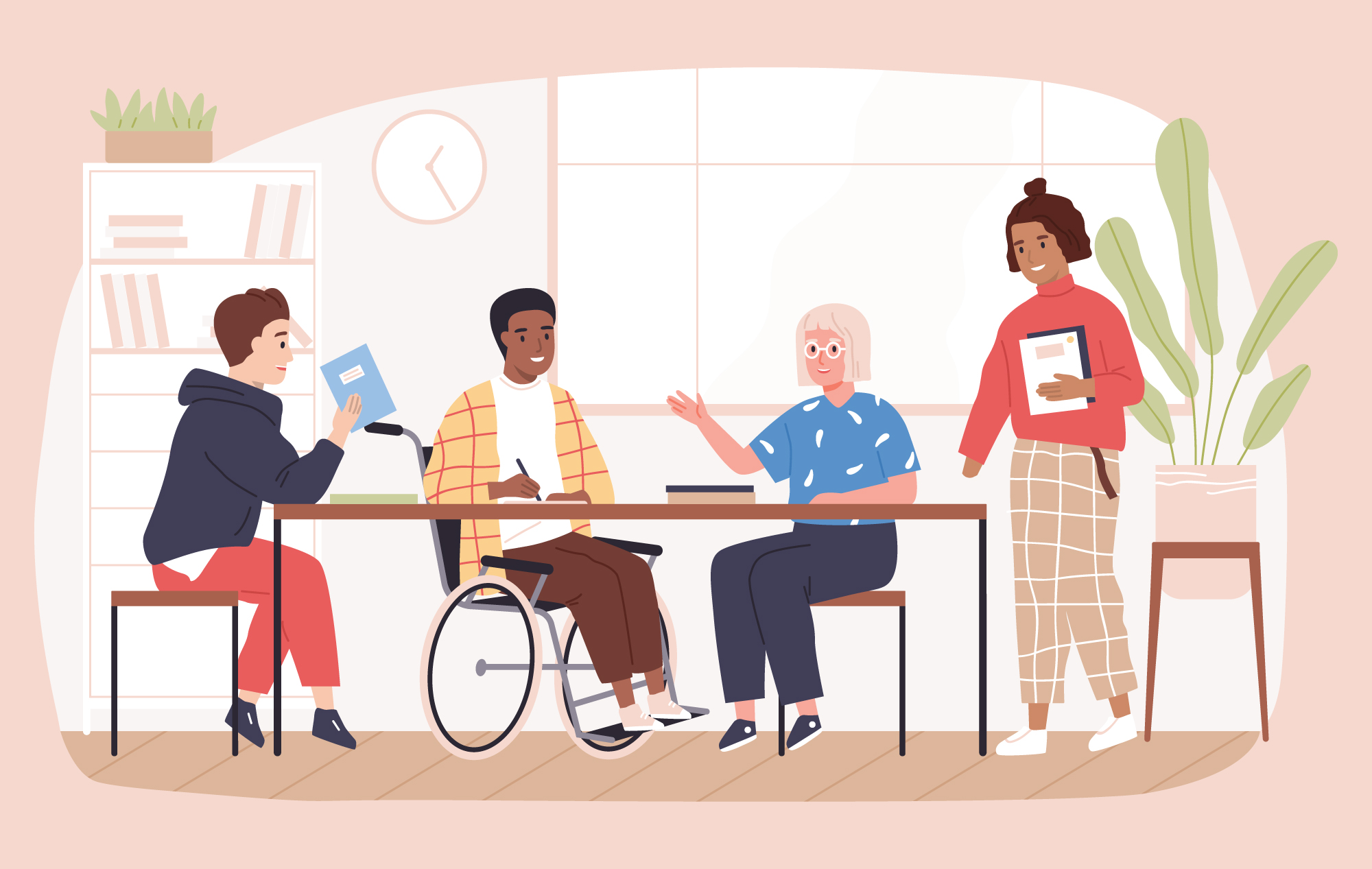 An illustration of a diverse group of coworkers around a table in an office. One of them is in a wheelchair.