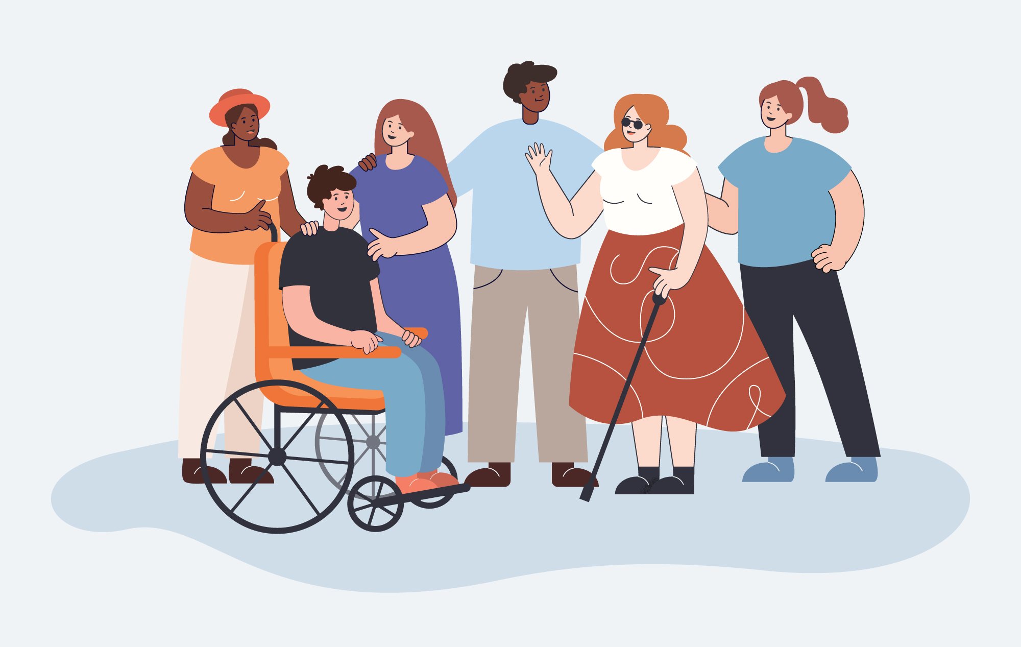 A diverse group of people welcoming each other. One is in a wheelchair and another person is using a walking cane.