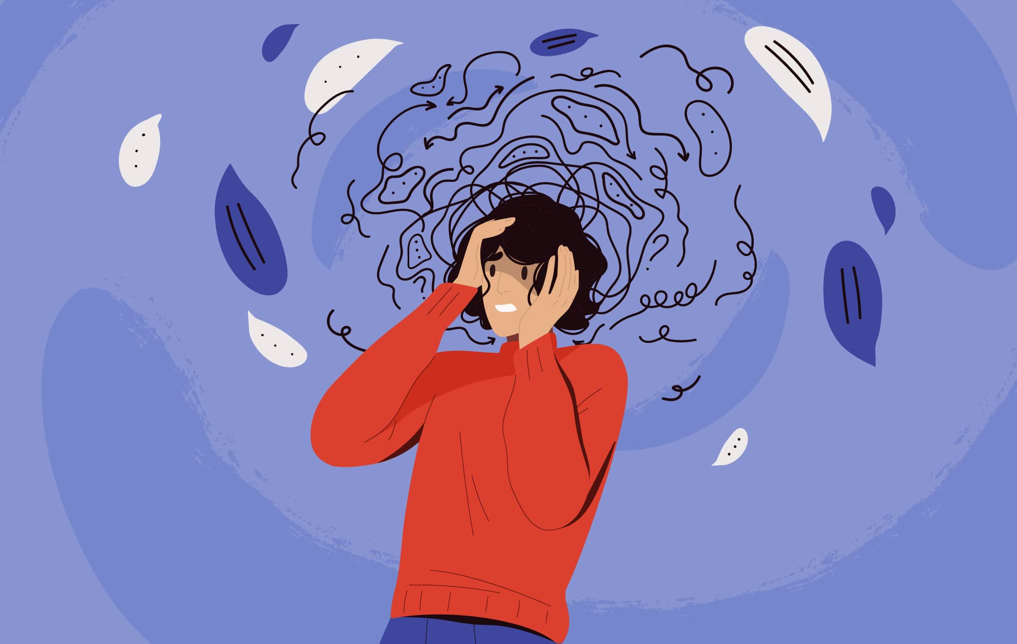 An illustration of a person holding their head in with swirly lines surrounding it; demonstrating frustration.