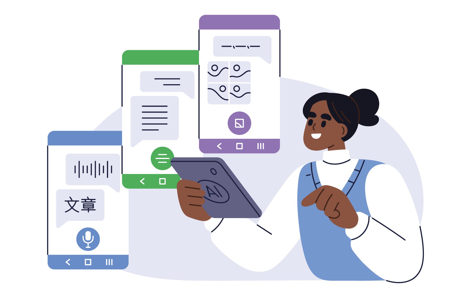 An illustration of a developer testing AI prompt results on a tablet with examples of the results floating around them