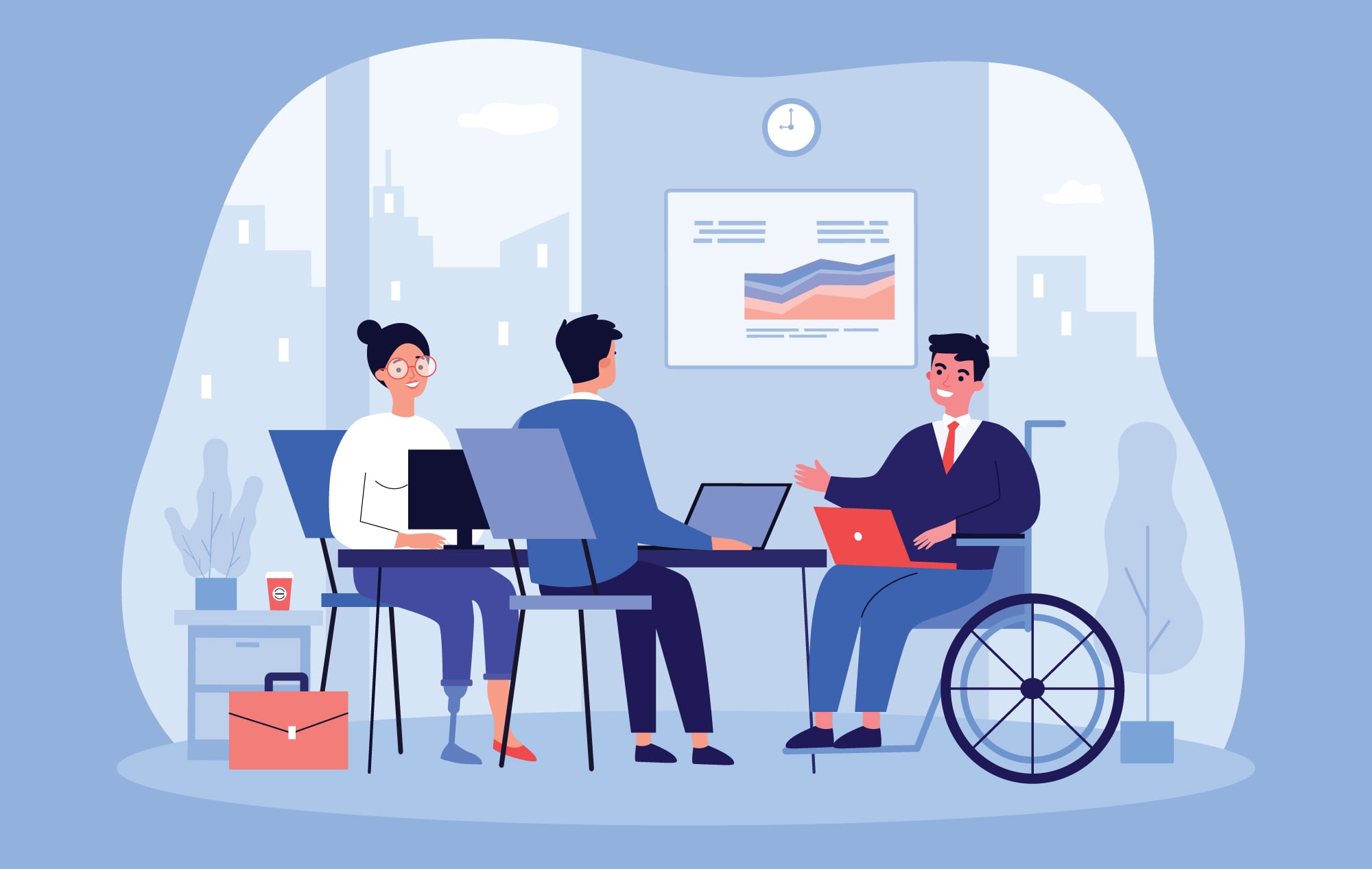 Illustration of three colleagues collaborating at a shared desk, including a woman with a prosthetic leg and a man using a wheelchair, with laptops and a chart on the wall.
