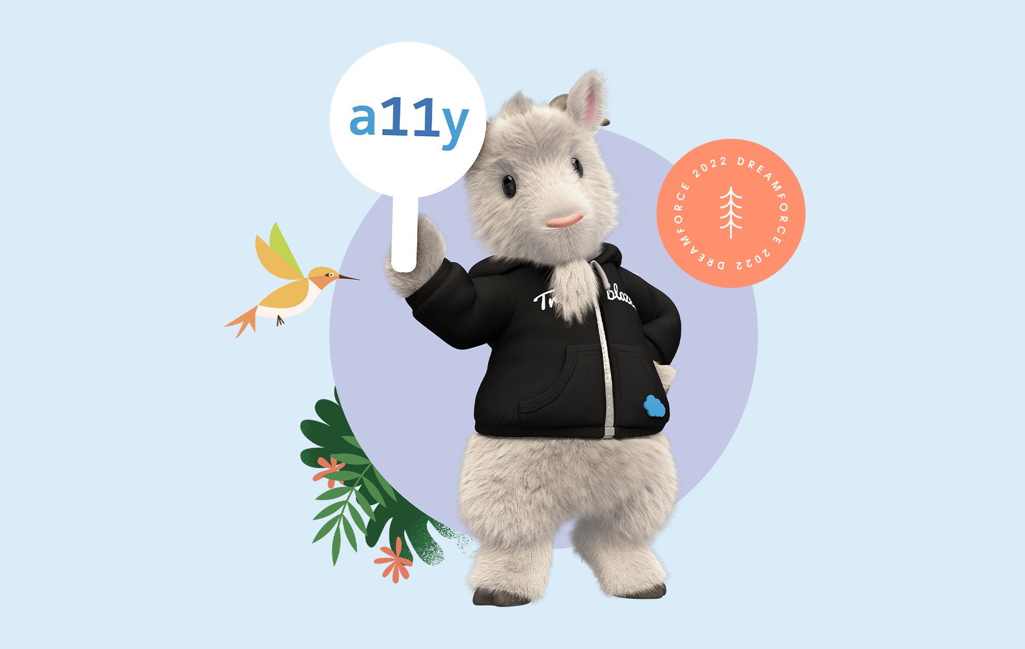 Cloudy the Goat wearing a Trailblazer sweatshirt, holding a lollipop-shaped paddle that says a11y. A badge on the top right says Dreamforce 2022.