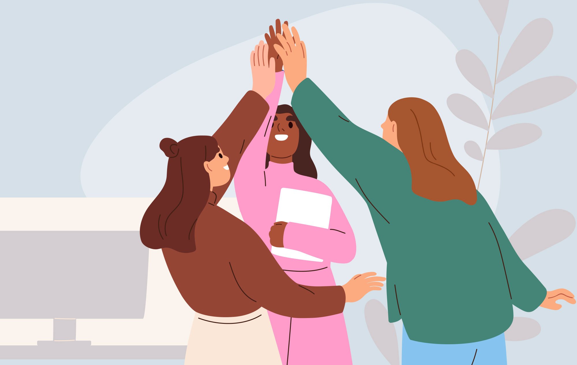 Illustration of three women high-fiving in an office