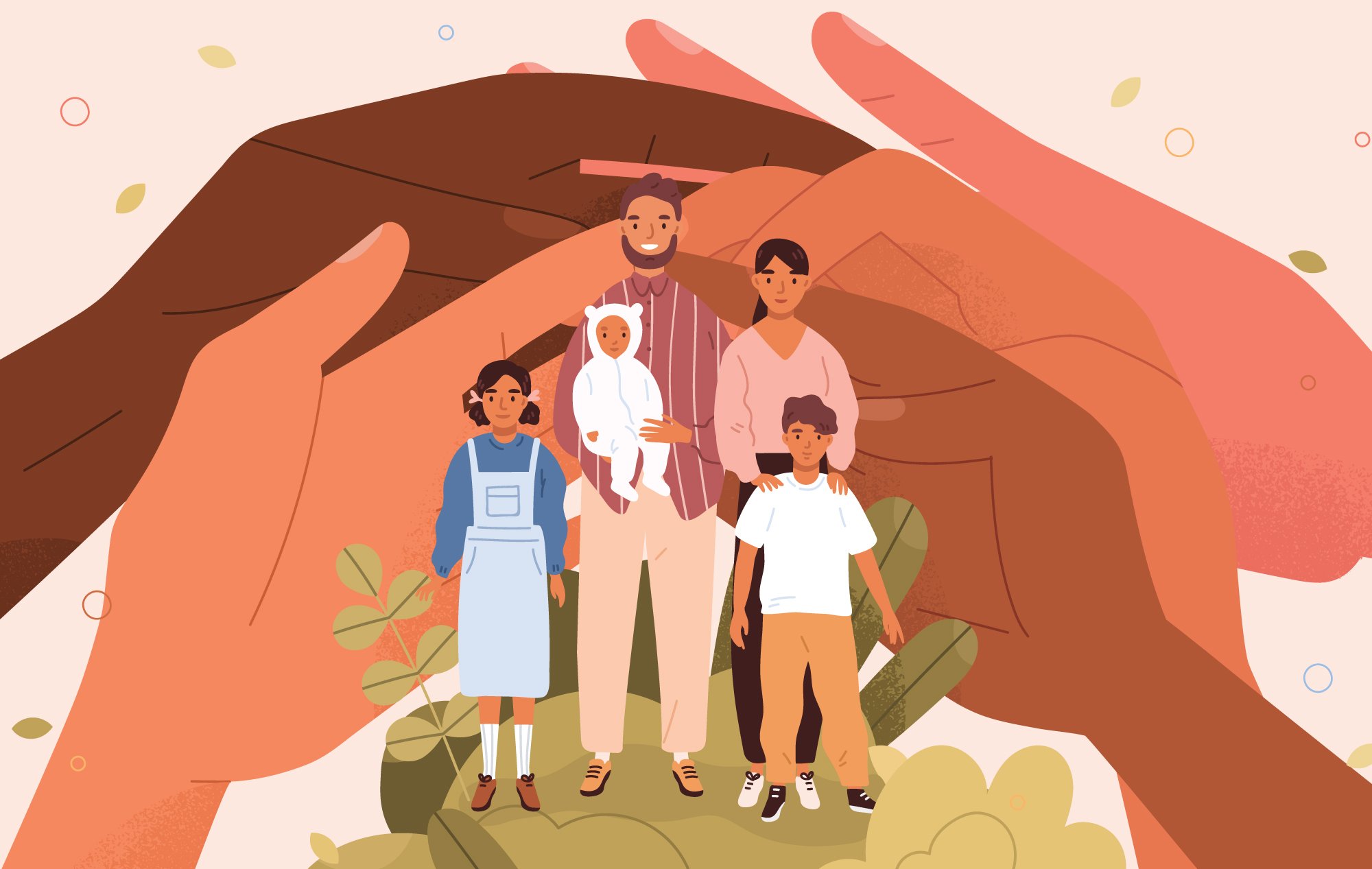 Illustration of five giant hands supporting a family of five.