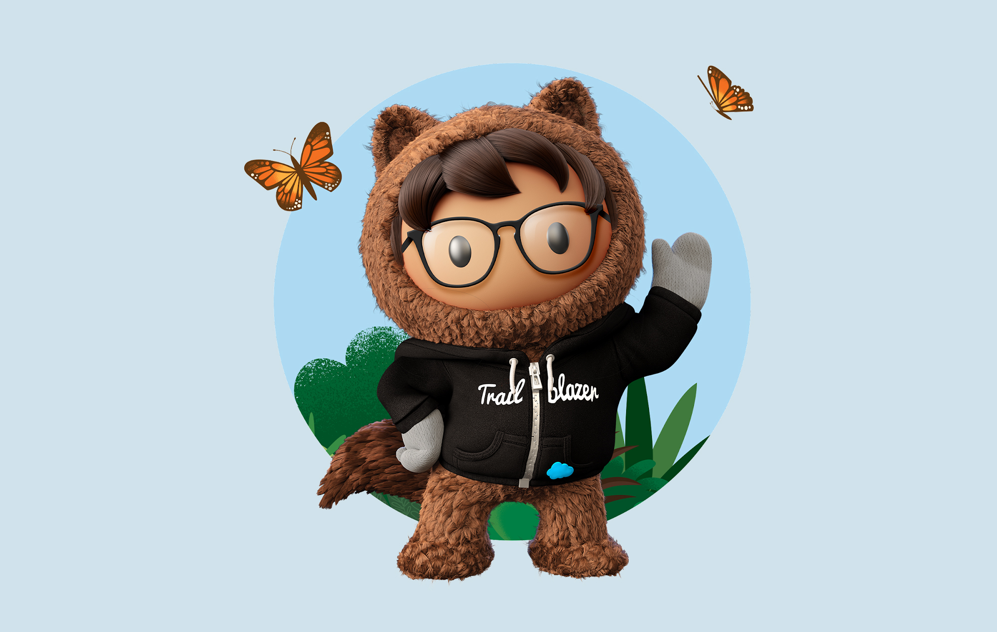 Illustration of Astro wearing glasses and a Salesforce Trailblazer sweatshirt, waving.