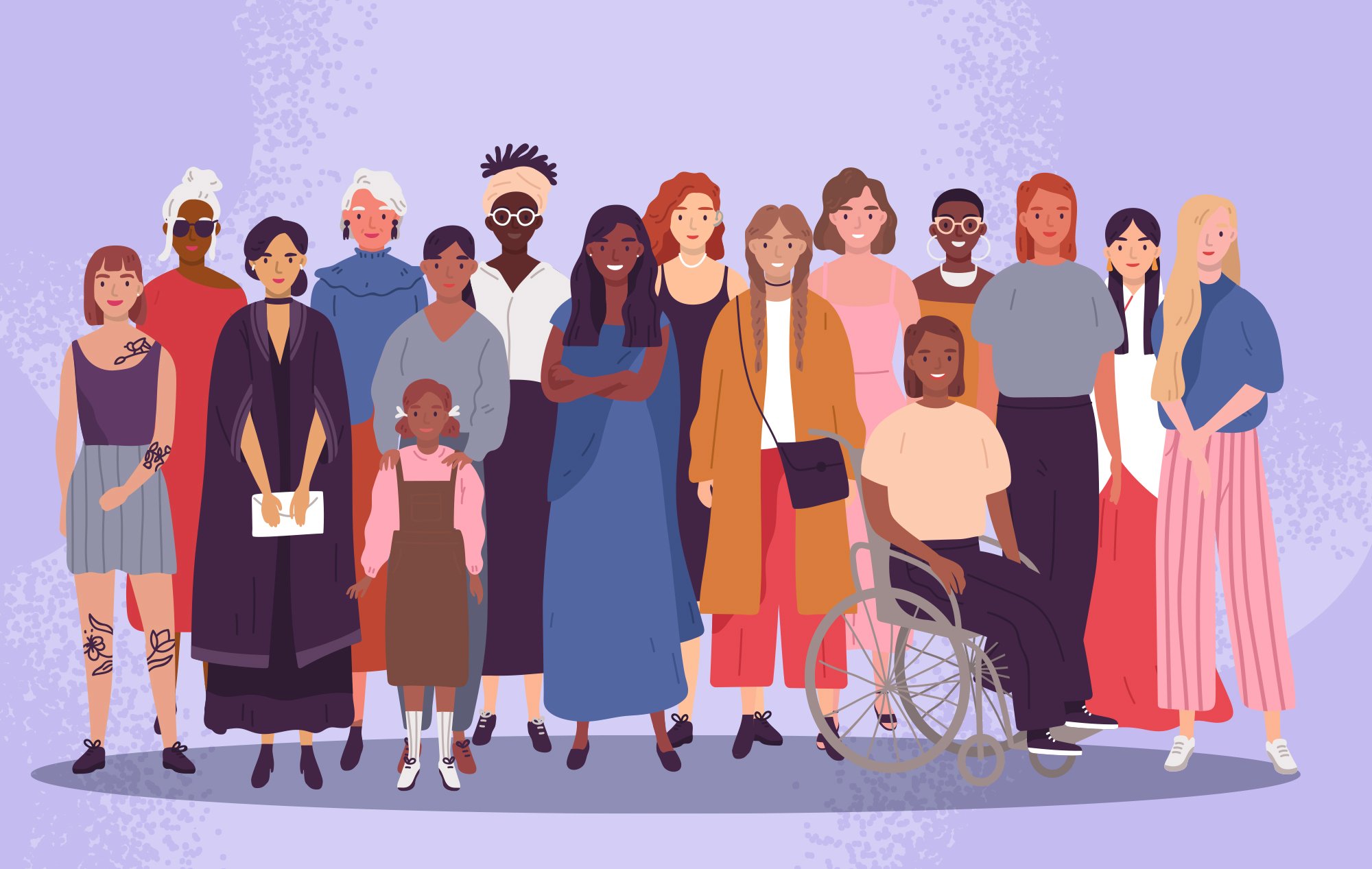 Illustration of a diverse group of women in a group together, smiling.