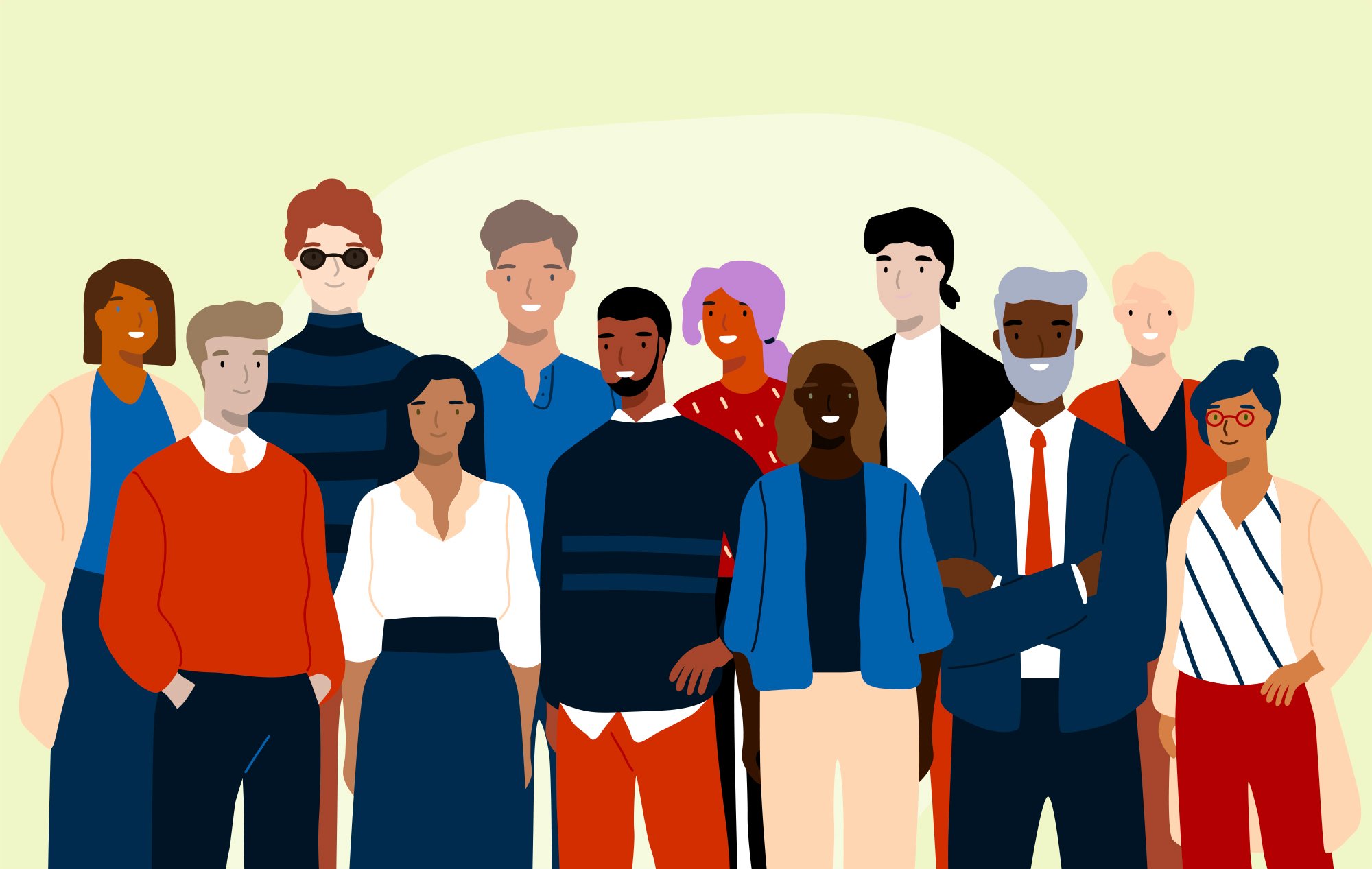Illustration of a group of people standing together and smiling.