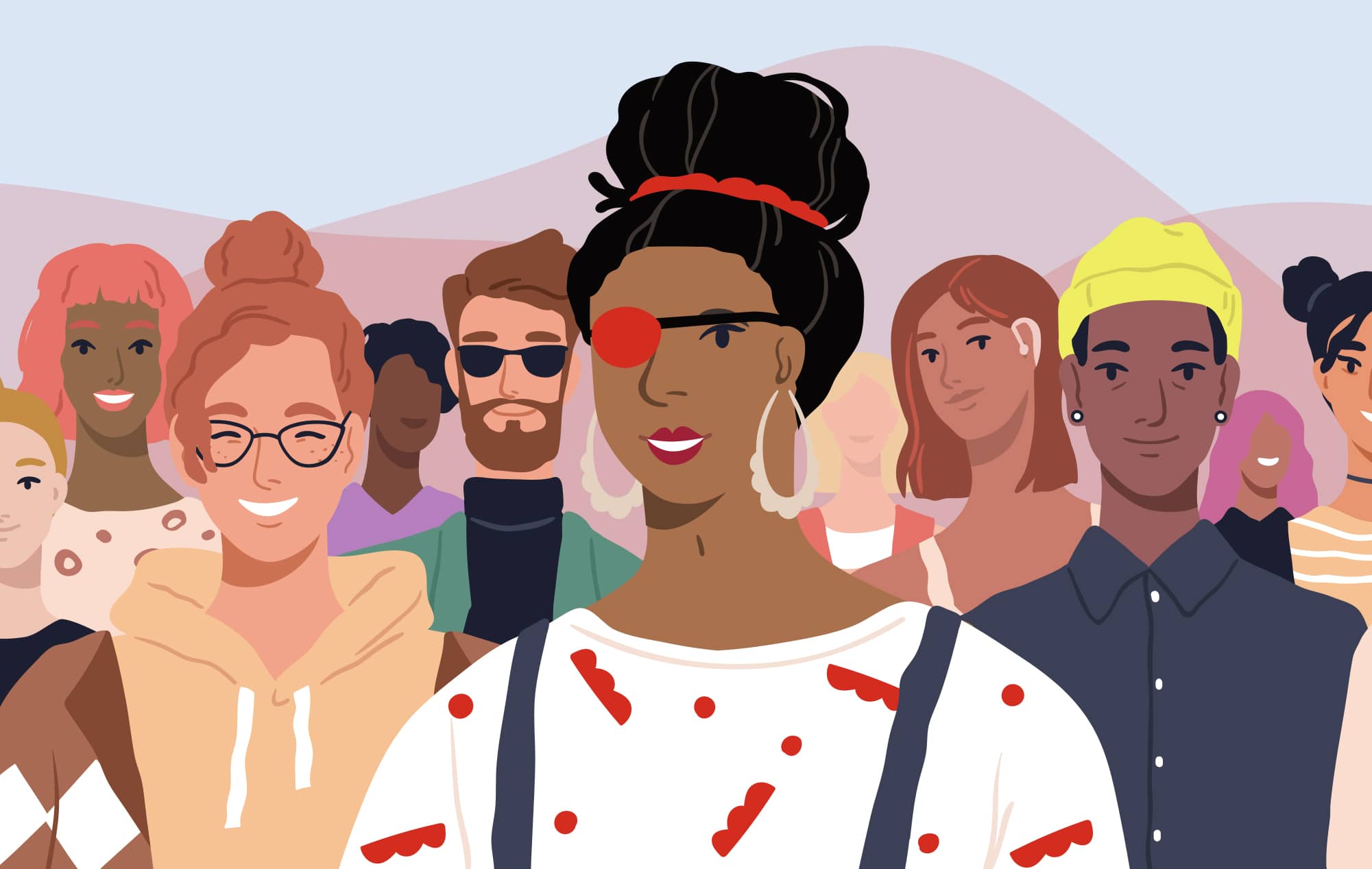 Illustration of a group of people standing together; the woman in the center has her hair up and wears a red headband, matching her red eyepatch.
