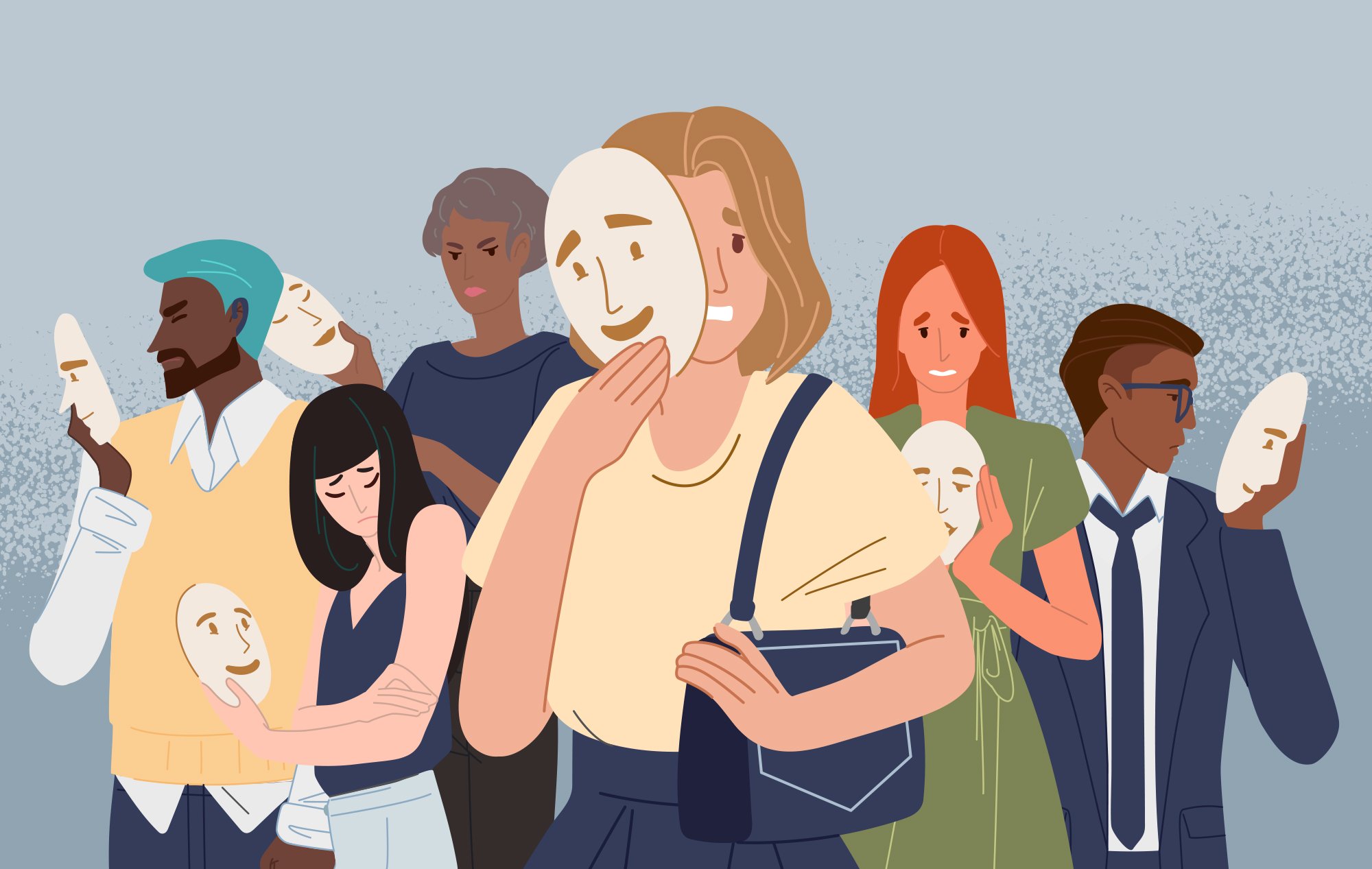 Illustration of a group of professionals holding smiling masks; their true expressions are of sadness, worry and discontent.