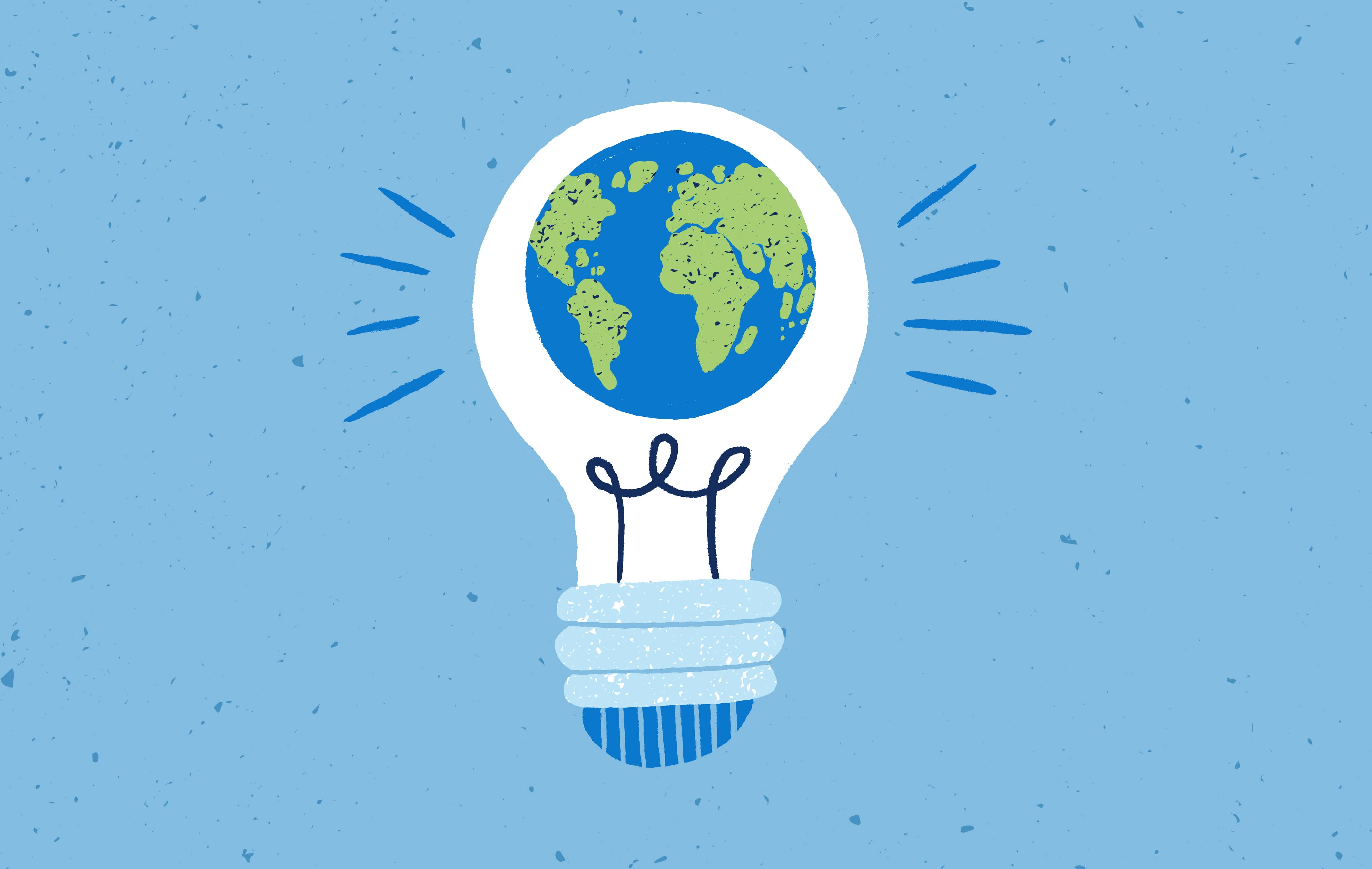 Illustration of a lightbulb with earth inside it on a blue background.