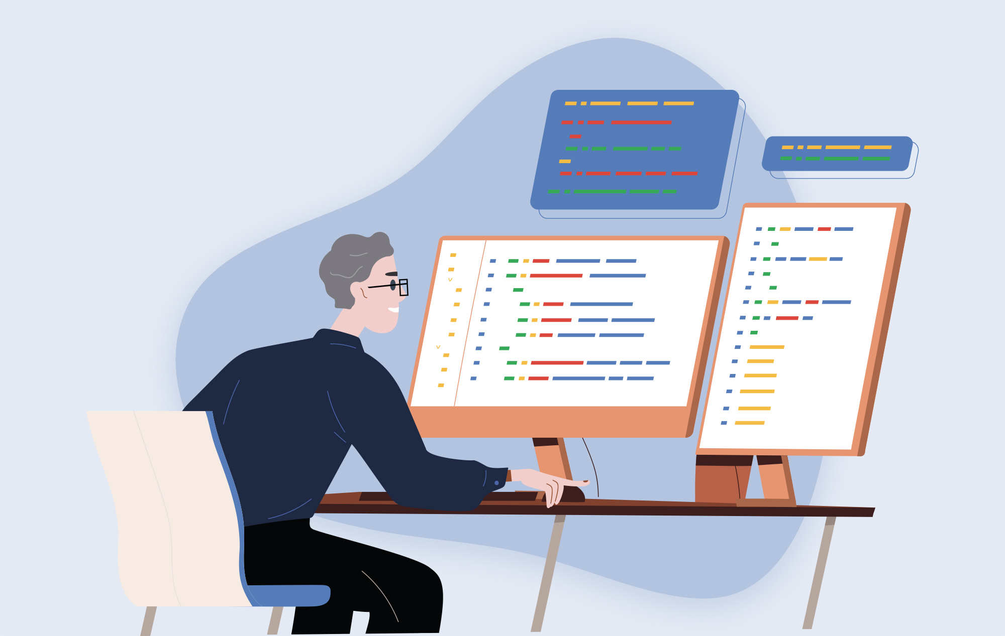 Illustration of a man sitting at a desk with computer monitors; coding screens are open. 