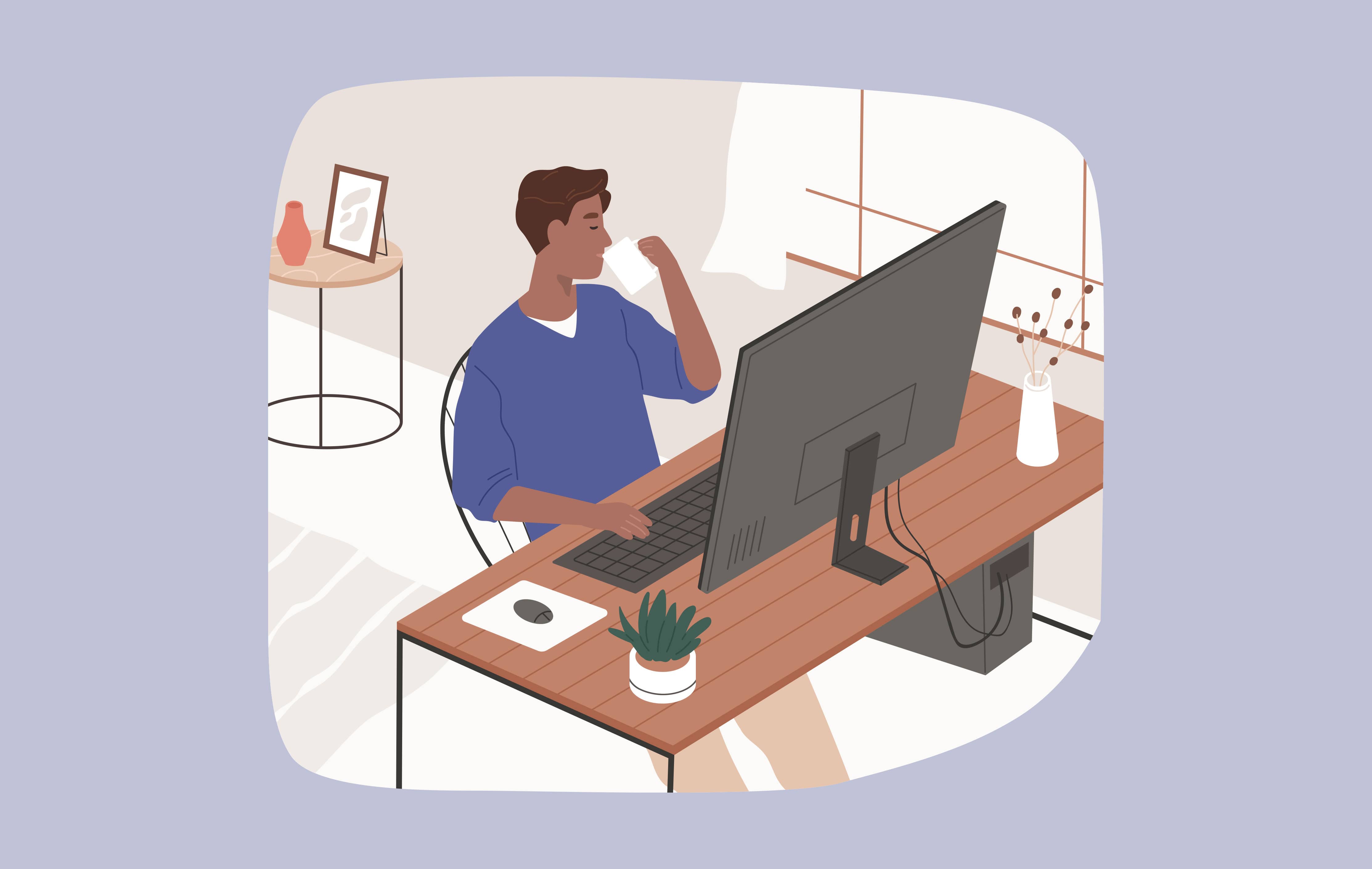 Illustration of a man sitting at his computer drinking coffee.