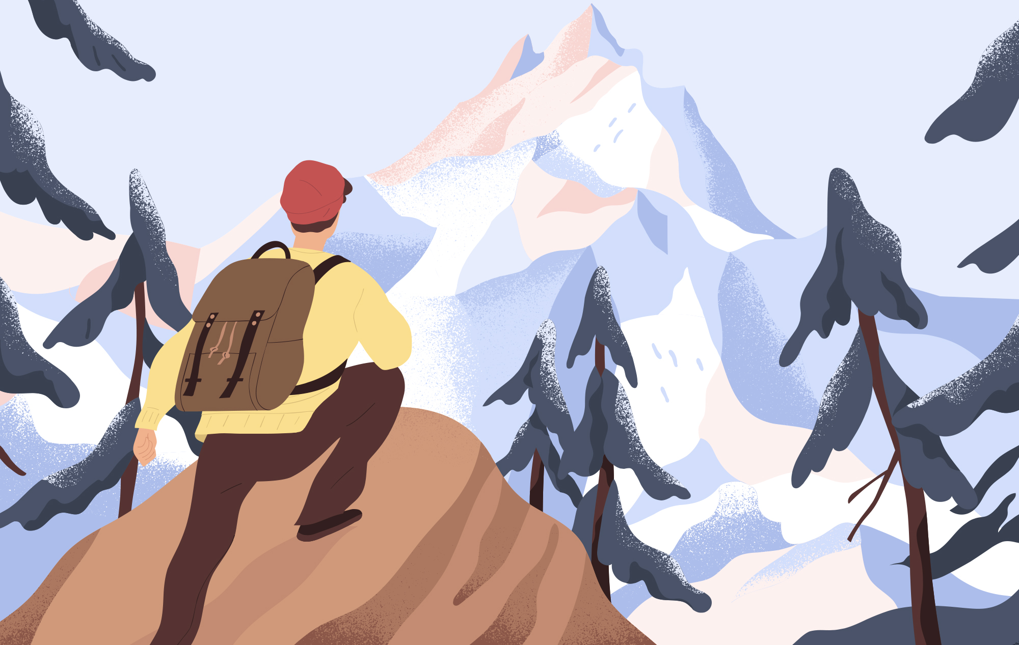 Illustration of a person hiking a mountain, symbolizing overcoming obstacles.