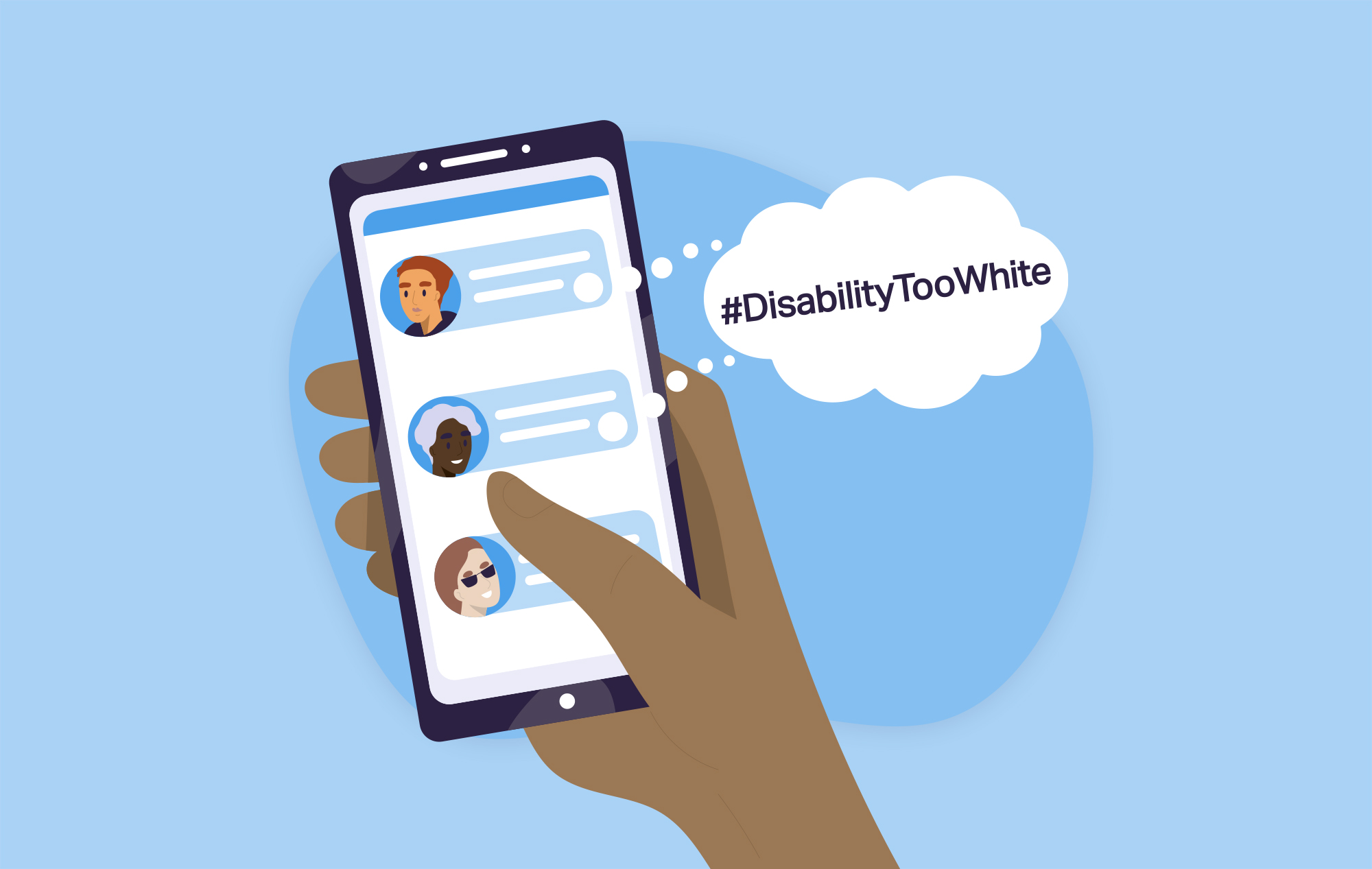 Illustration of a person holding a smartphone using a Twitter-like social media platform—a speech bubble extends from the phone with the text #DisabilityTooWhite.