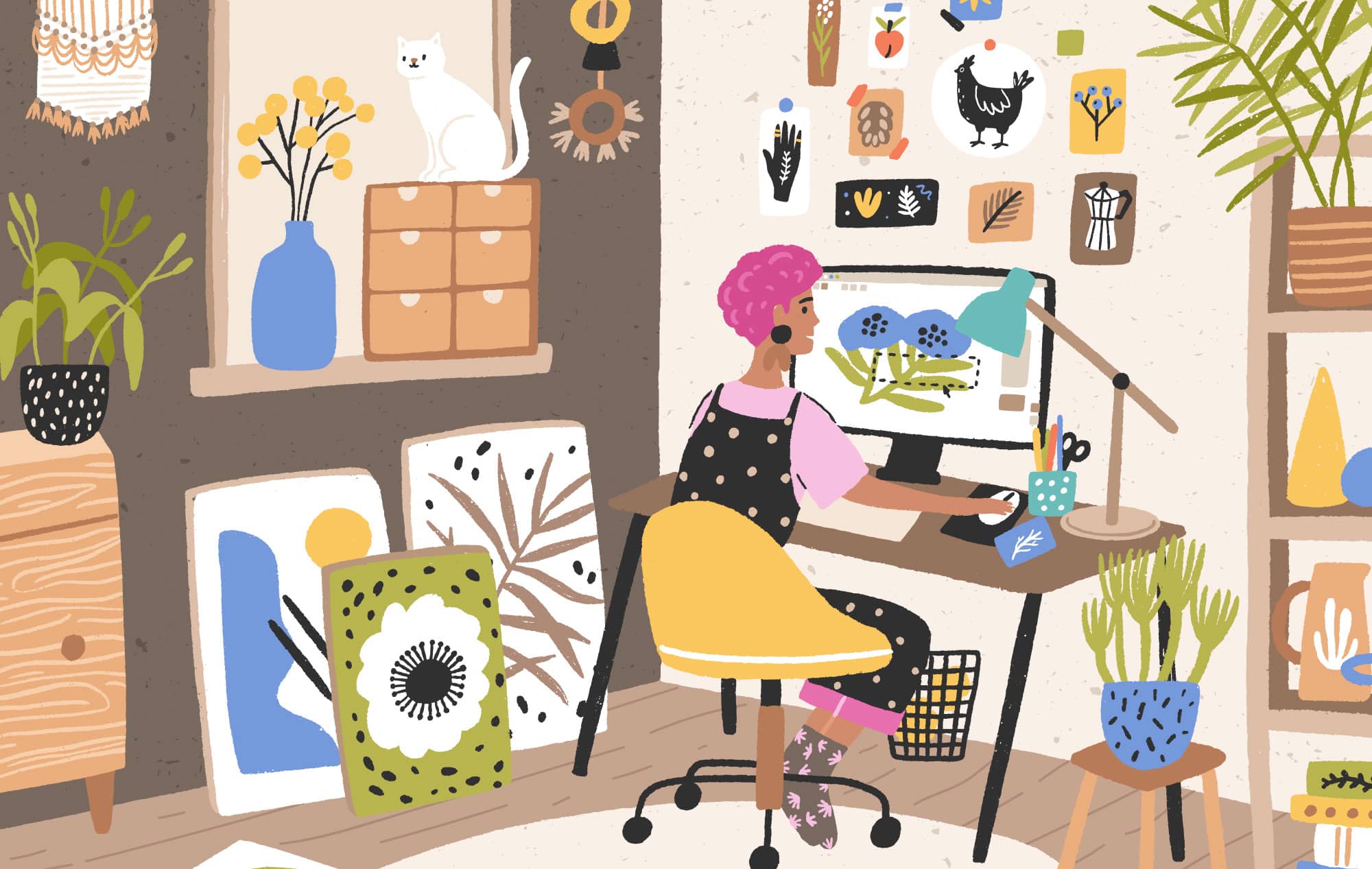 Illustration of a person sitting at their desk in their home office working on a graphic design project.