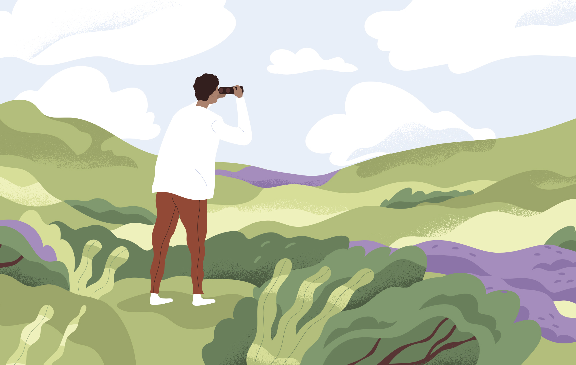 Illustration of a person standing in a field, surrounded by rolling green hills and bushes. The person is looking into a telescope at the horizon.