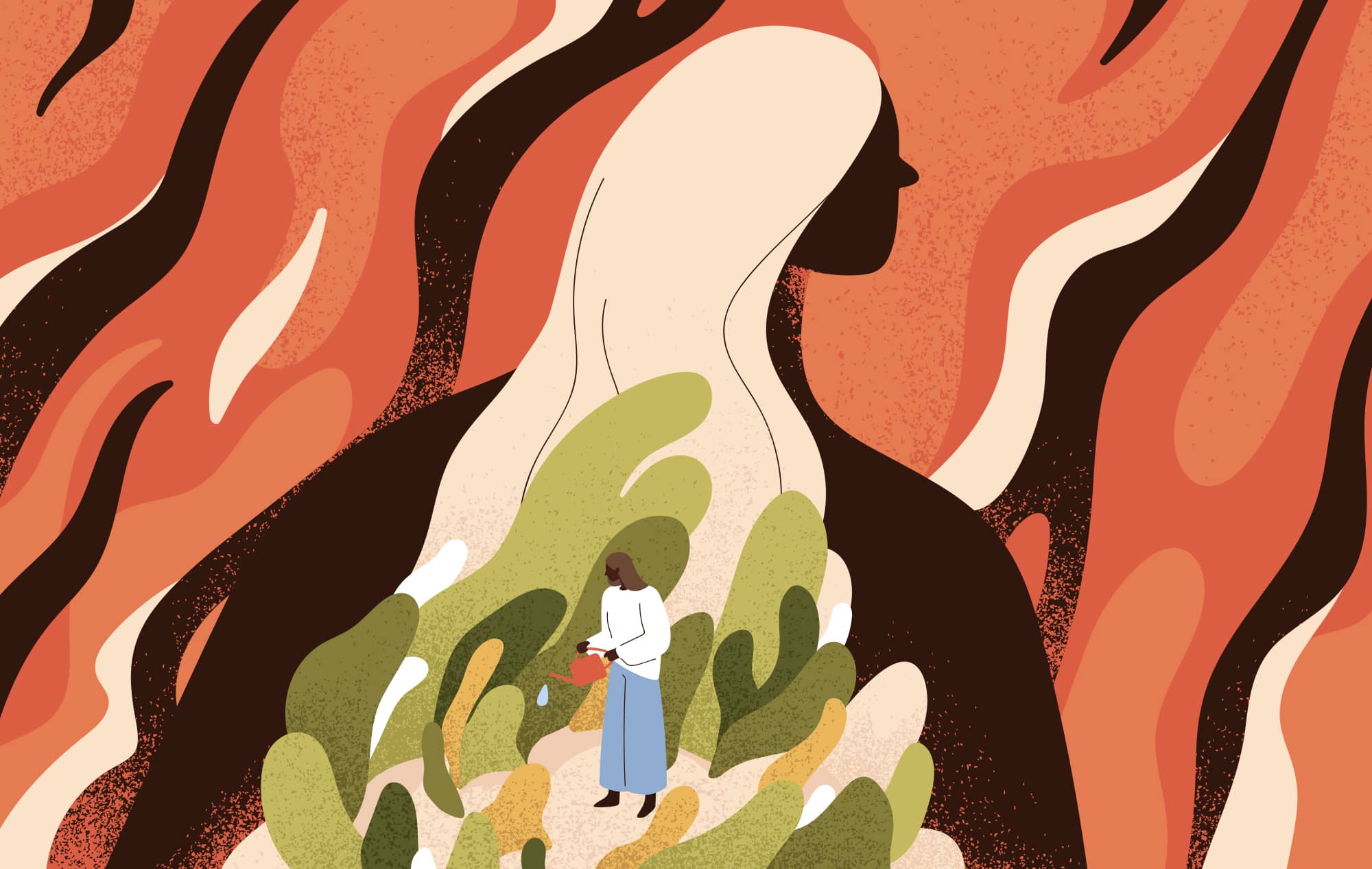 Illustration of a person working on their mental health; a large silhouette of them is the center of the image and inside the silhouette is a smaller version of them growing a garden.