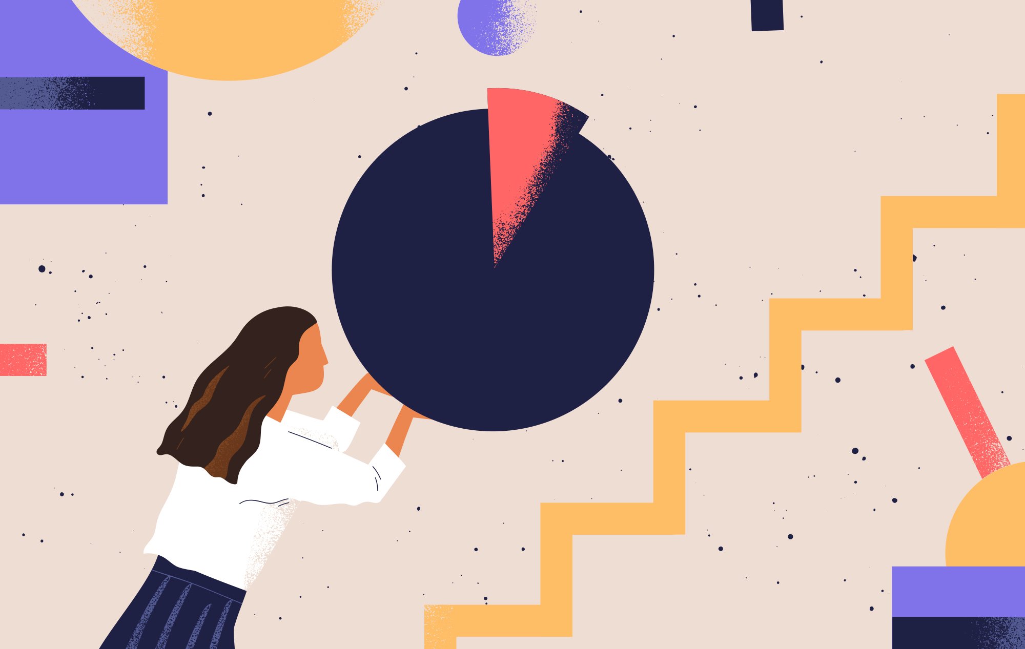 Illustration of a woman lifting up a pie chart. Abstract geometric shapes float in the background.