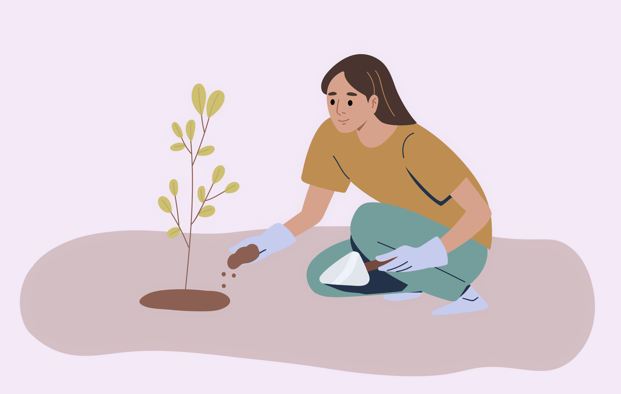 Illustration of a woman planting a tree in the soil; a metaphor for fostering growth.