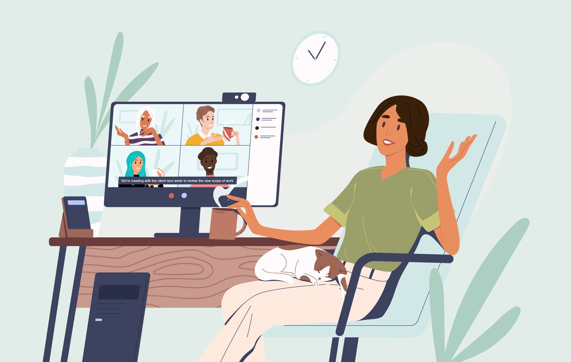 Illustration of a woman sitting at her desk on a Zoom call with 4 other people. The Zoom has captions of the meeting which say, 