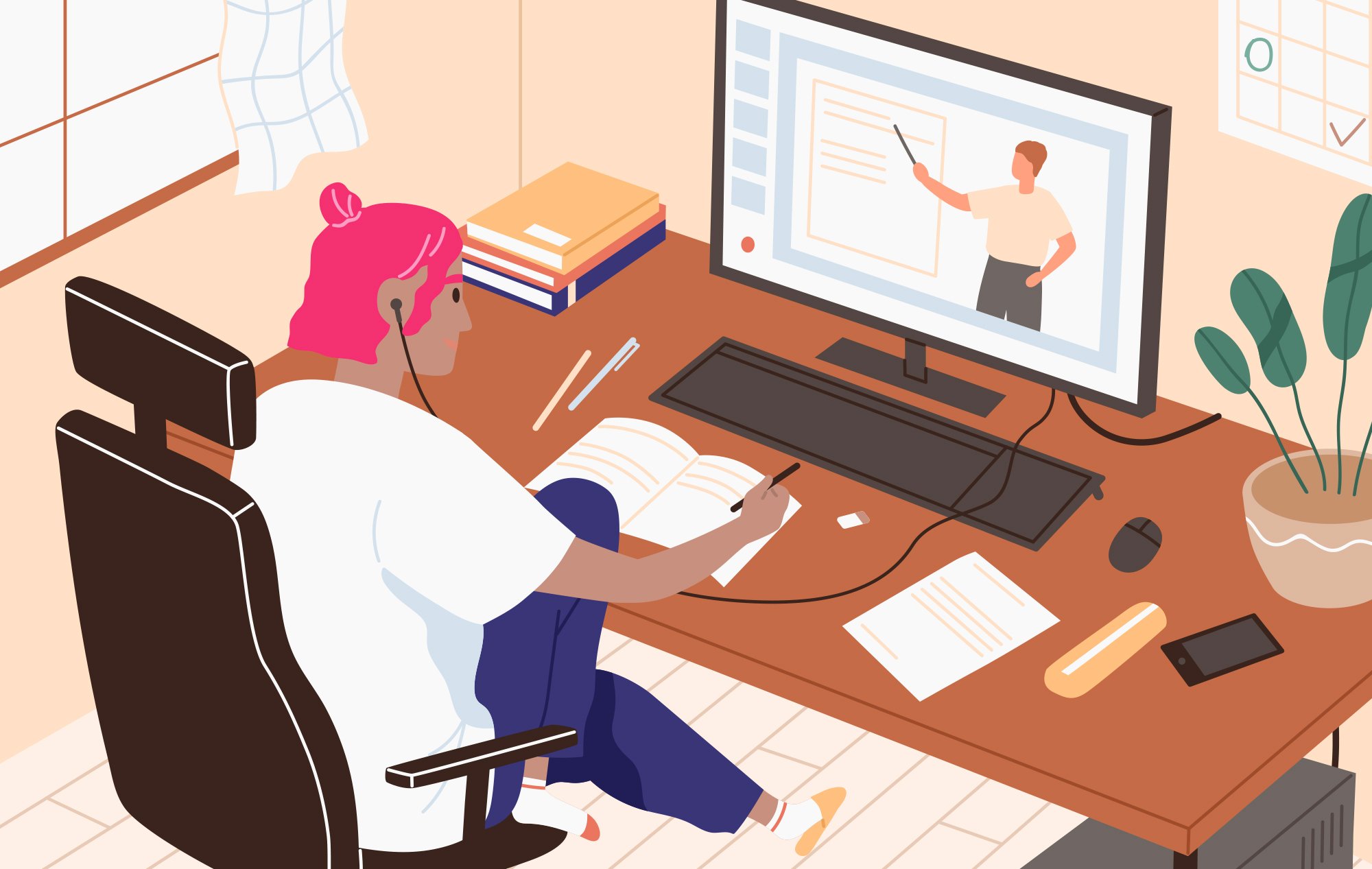 Illustration of a woman with pink hair sitting in her desk chair, watching a lecture online. She's taking notes in her notebook, and office supplies like pens, pencils and erasers are strewn across the desktop.