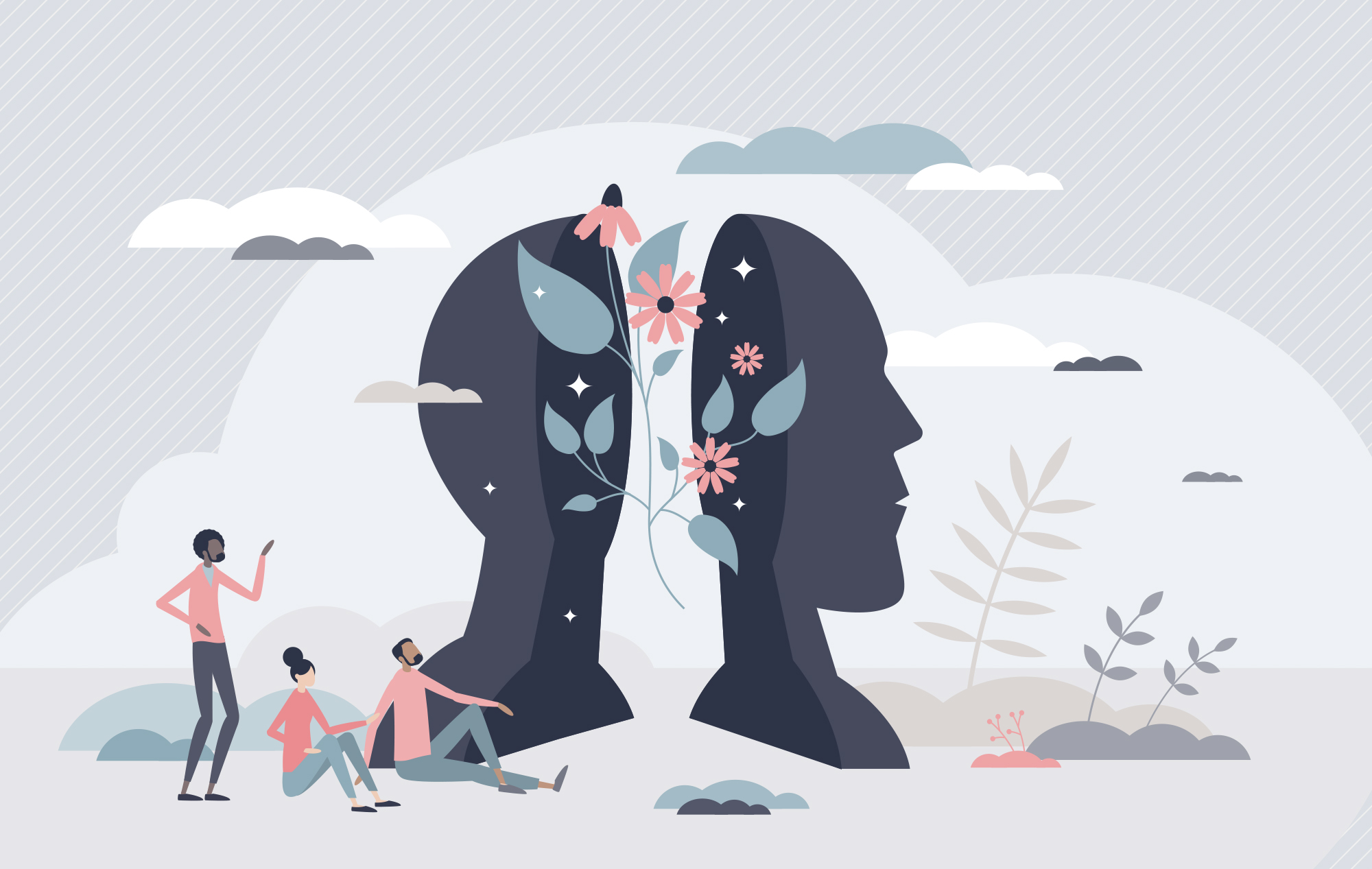 Illustration of an open mind with flowers and leaves coming out of it. People onlook and admire.