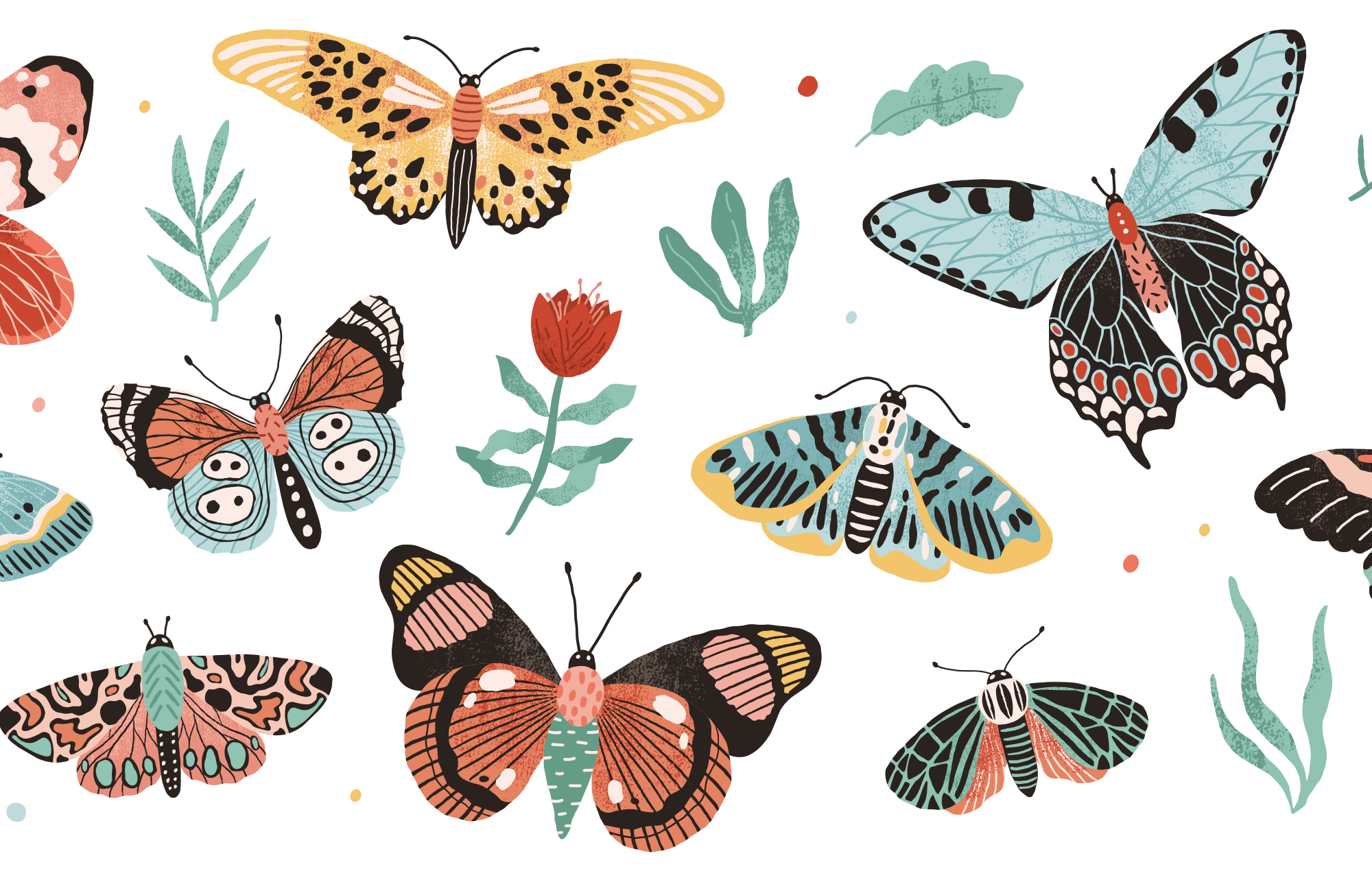 Illustration of green, yellow, red, and black butterflies and moths surrounding red tulip flowers and leaves.