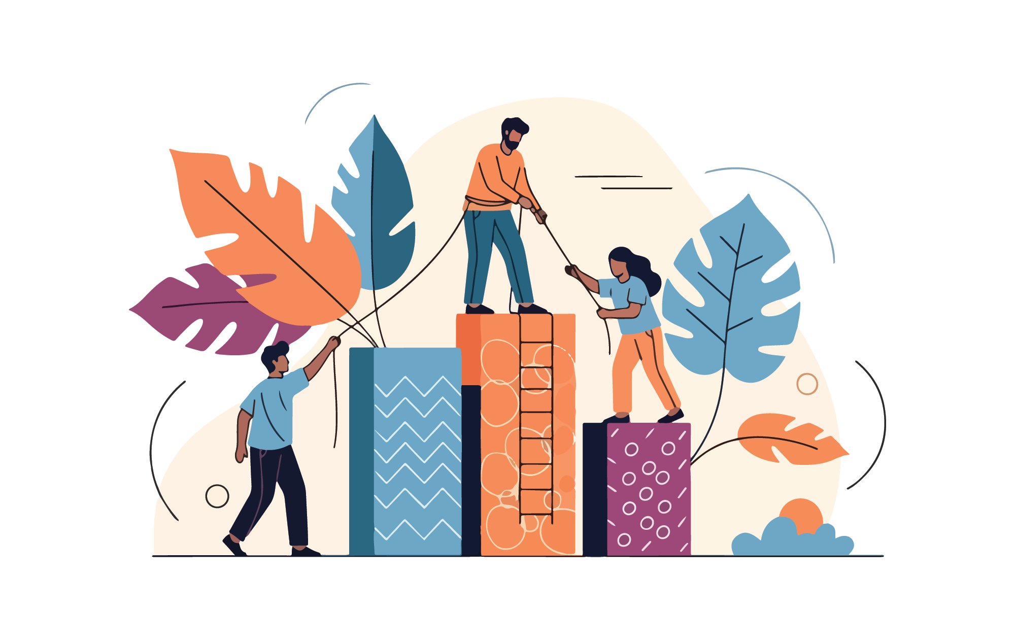 An illustration of team members helping each other climb bar charts symbolizing support and mentorship
