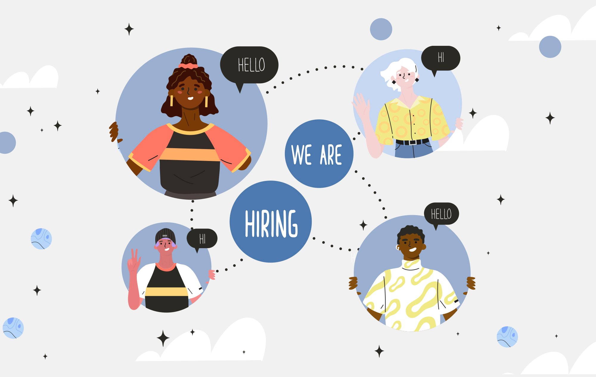 Illustration of four people waving and saying hello; center text says 'We Are Hiring.'