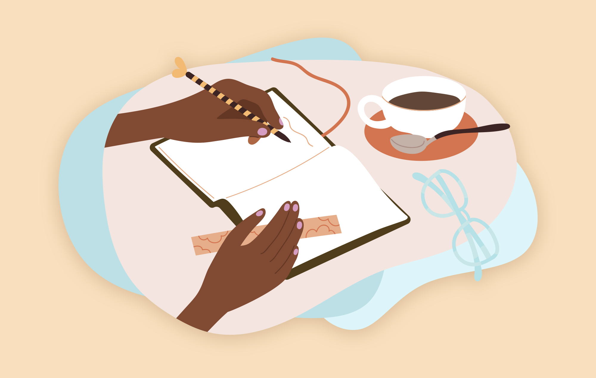 Illustration of someone writing in their notebook. A coffee cup and glasses lay next to the notebook.