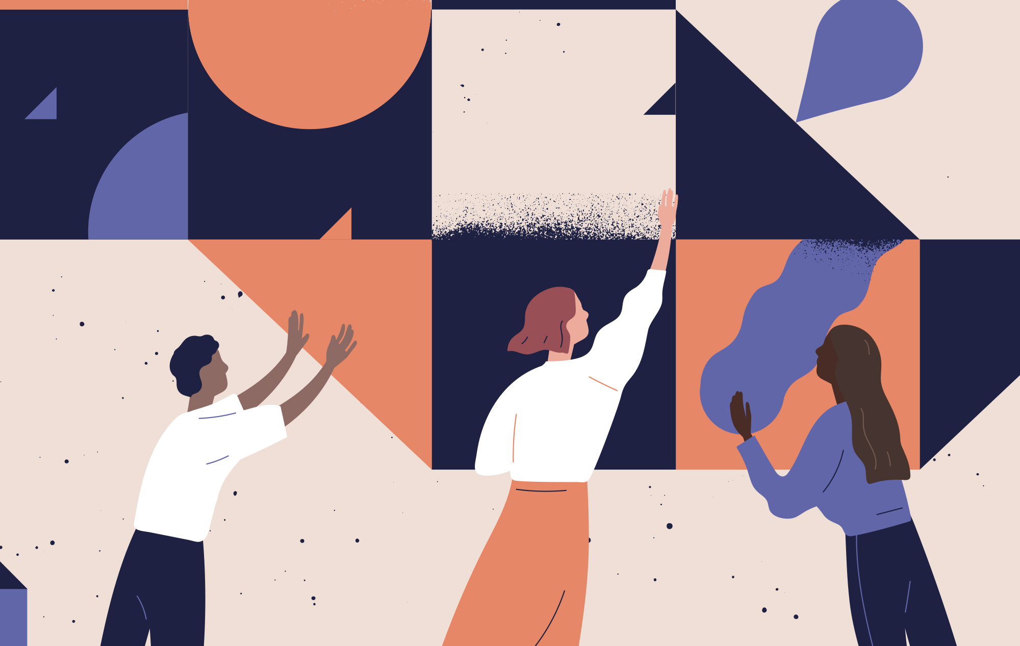 Illustration of three people reaching towards abstract shapes, symbolizing teamwork.
