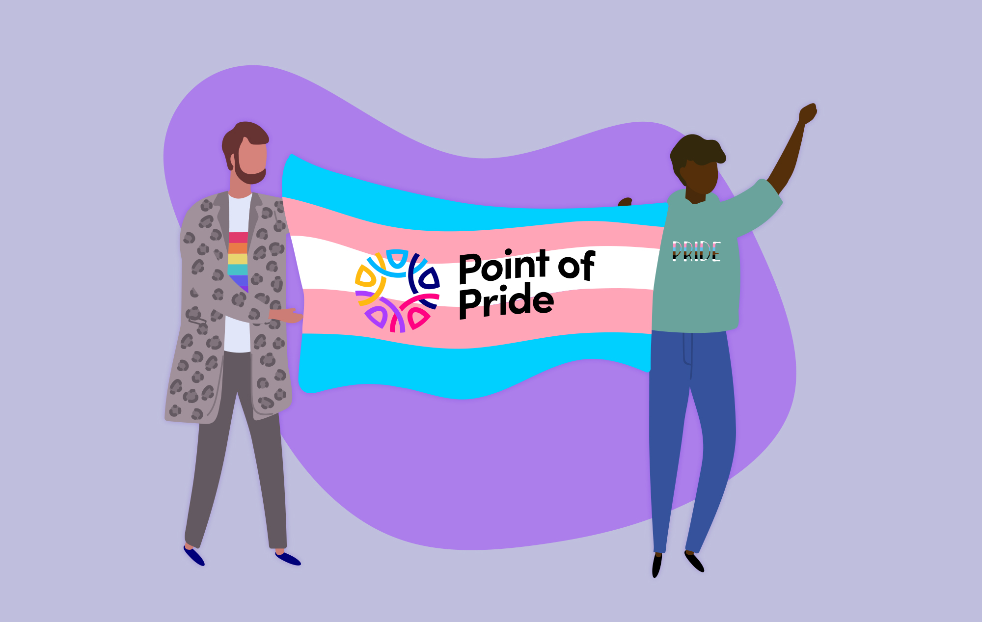 Illustration of two people wearing pride gear and celebrating. They carry a Trans Pride flag with the Point of Pride logo on it.