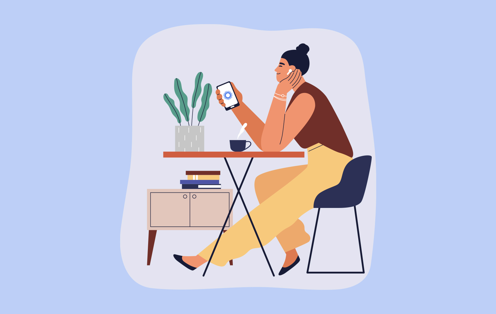 Illustration of a woman sitting at table holding smartphone with Be My Eyes logo on the screen.