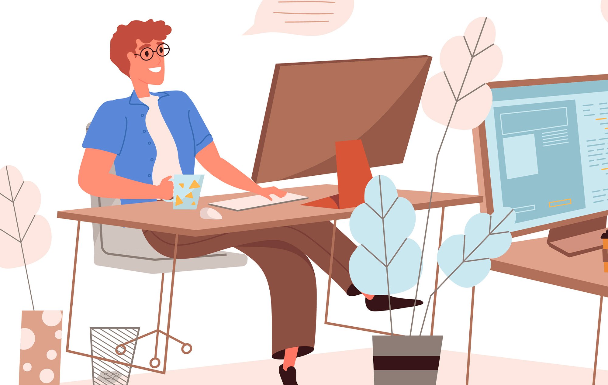 Illustration of a man with red hair and glasses siting at his desk, looking at his computer and typing. He's got one hand on a coffee cup.