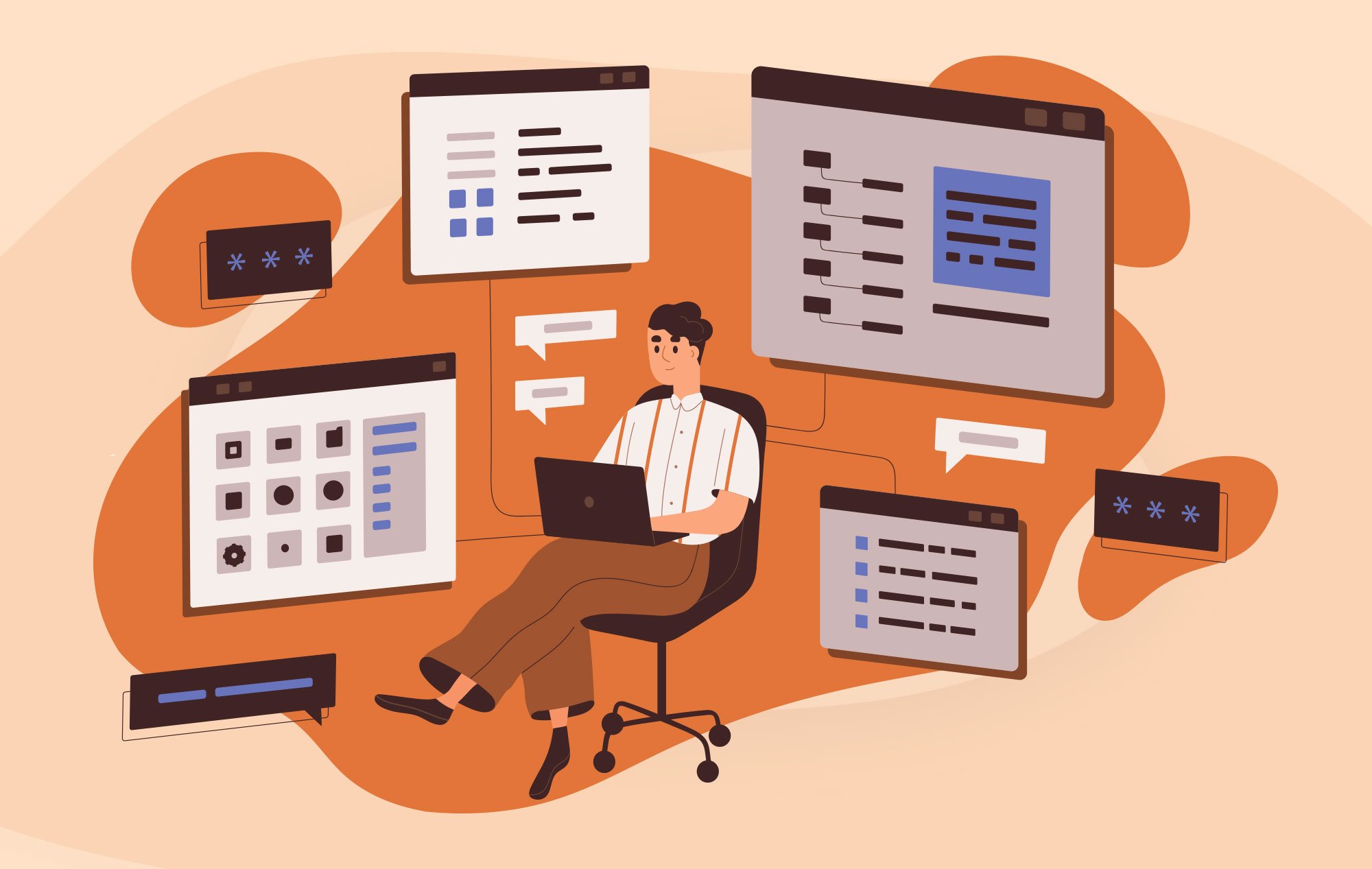 Illustration of a person sitting at a computer with floating modals surrounding them.