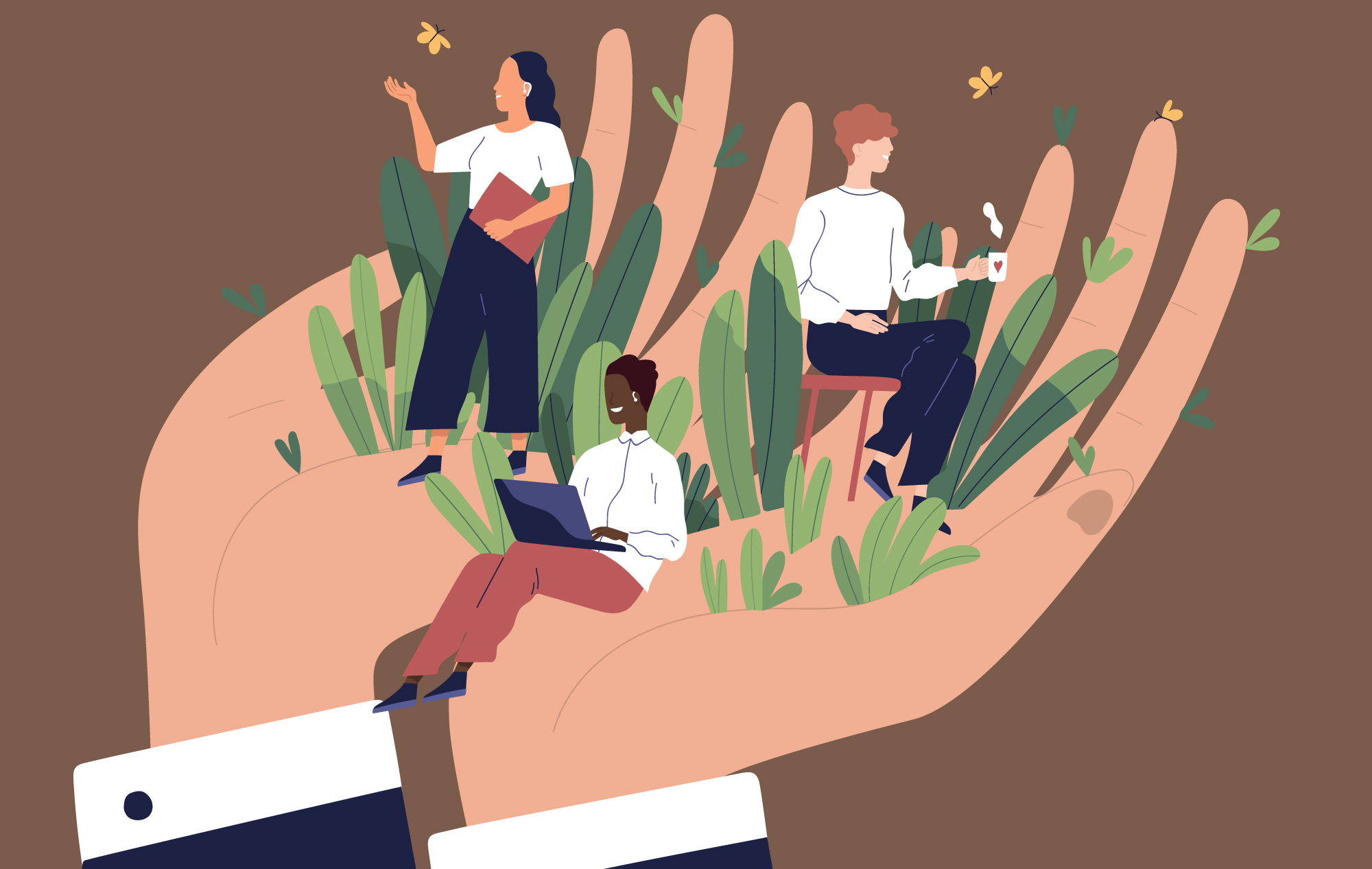 Illustration of two giant hands supporting three office workers