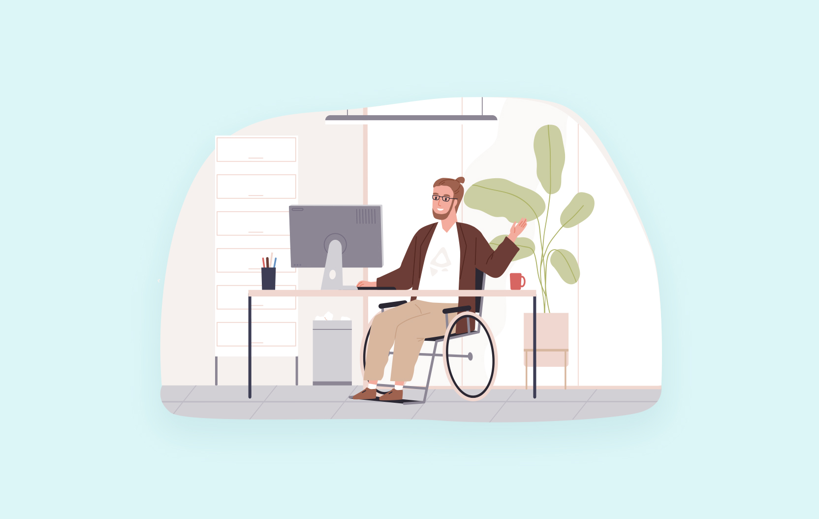 Illustration of a person in a wheelchair sitting at a desk and waving at a computer. 