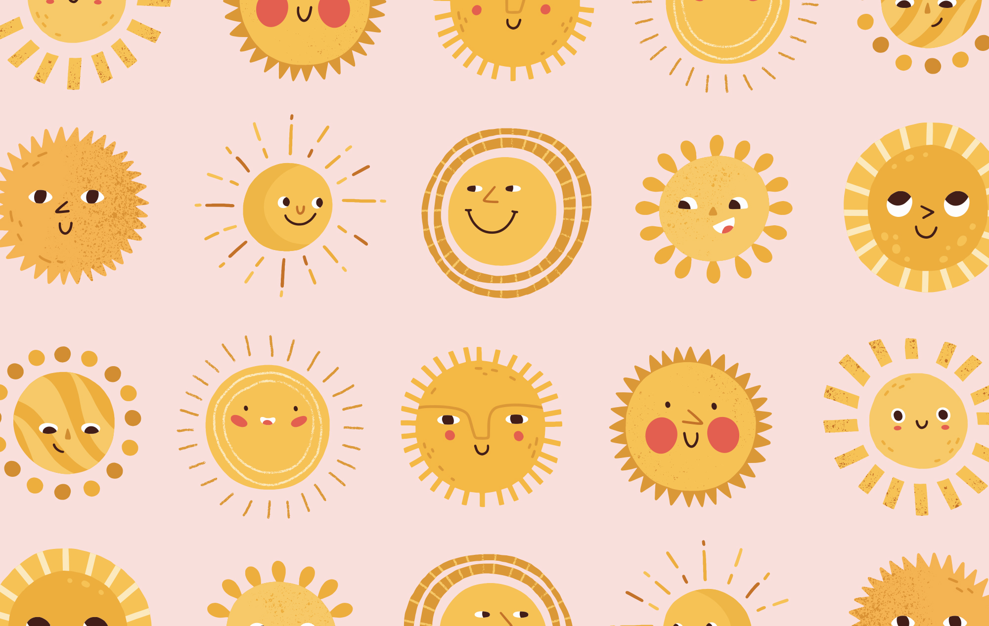 Rows of yellow and orange sun illustrations, all smiling.