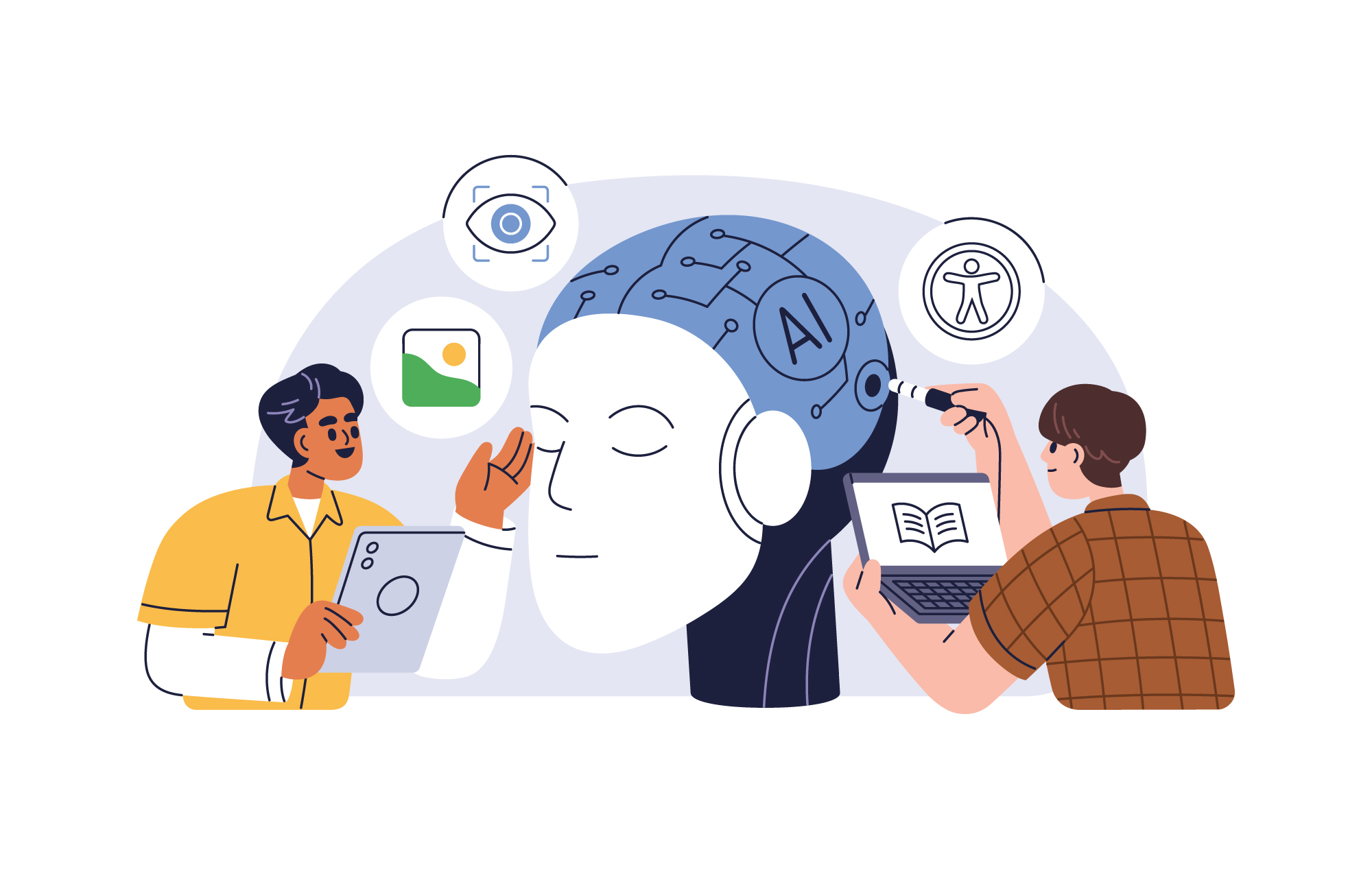 An illustration showing two people working with AI technology, with a large robot head surrounded by accessibility icons including vision, images, and universal access symbols, representing the importance of building accessibility into AI.