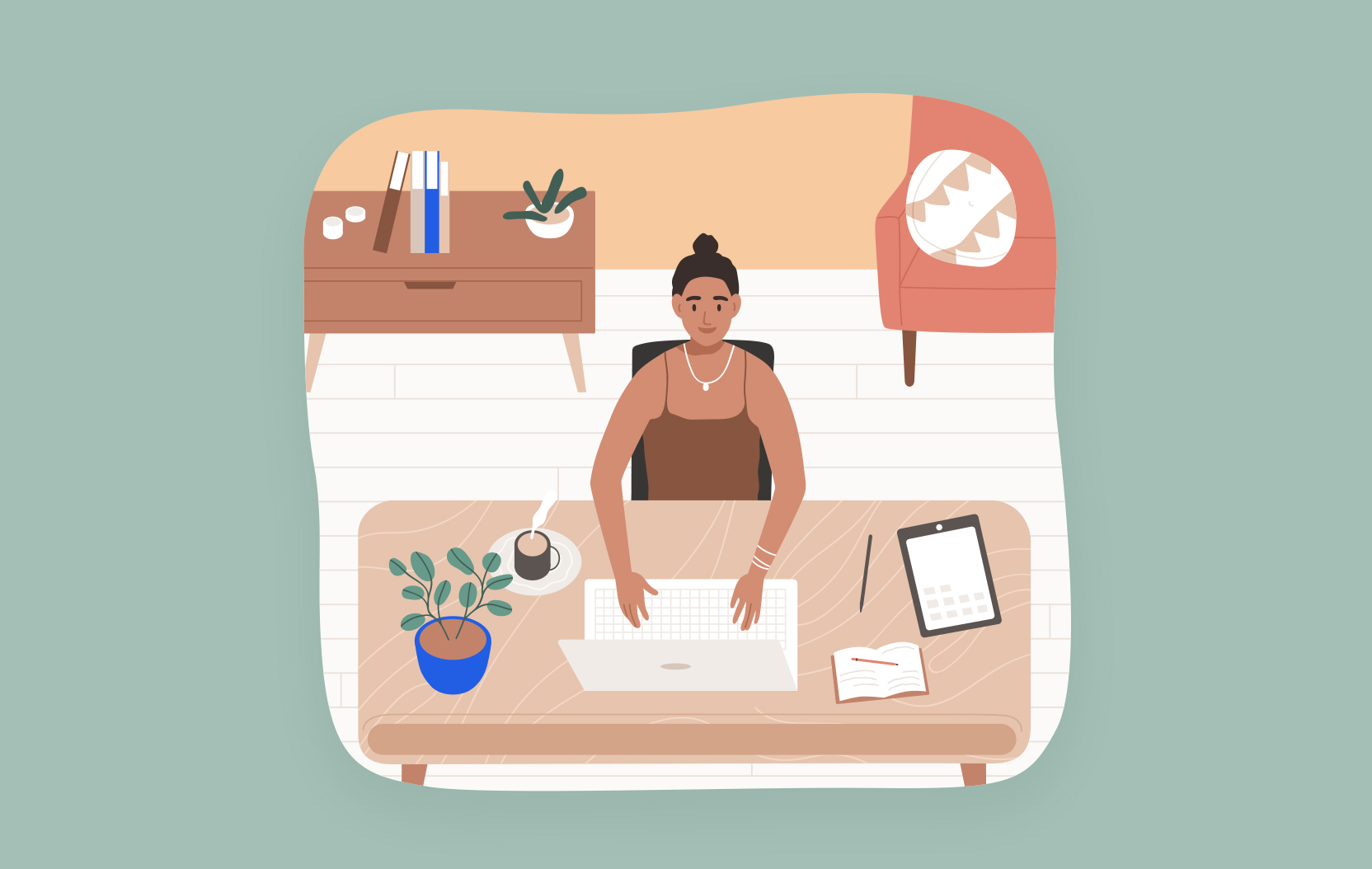 Illustration of a person sitting at a desk typing on their laptop.