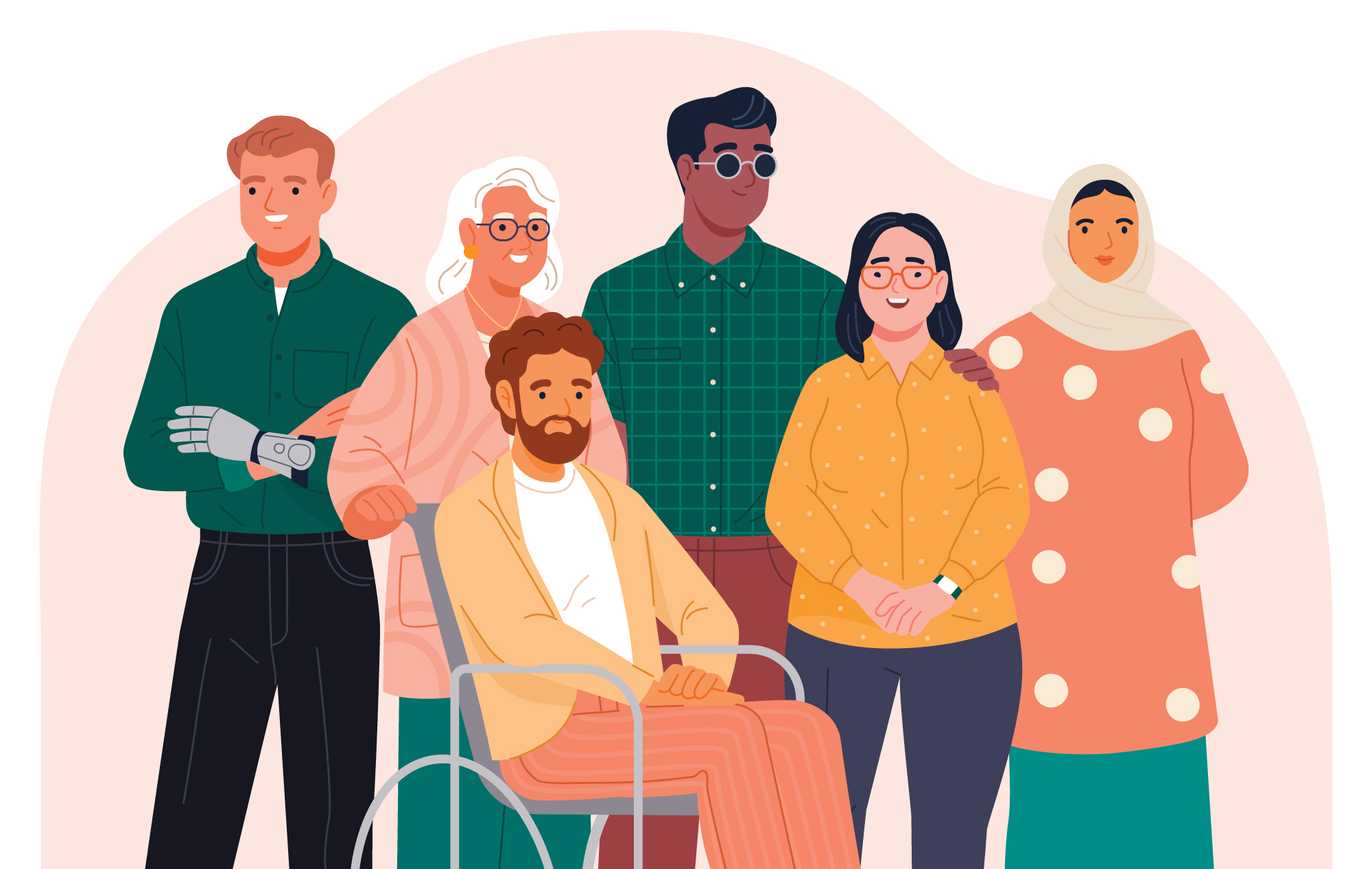 An illustration of a diverse group of people with different types of disabilities.