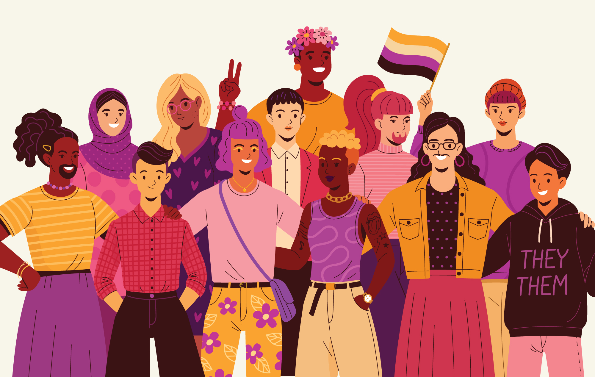 An illustration of a diverse group of young adults standing together.