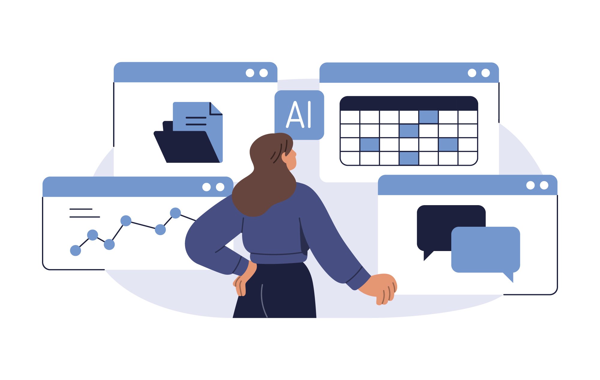 An illustration of a person using AI tools in browser windows showing documents, charts, calendar, and chat interface