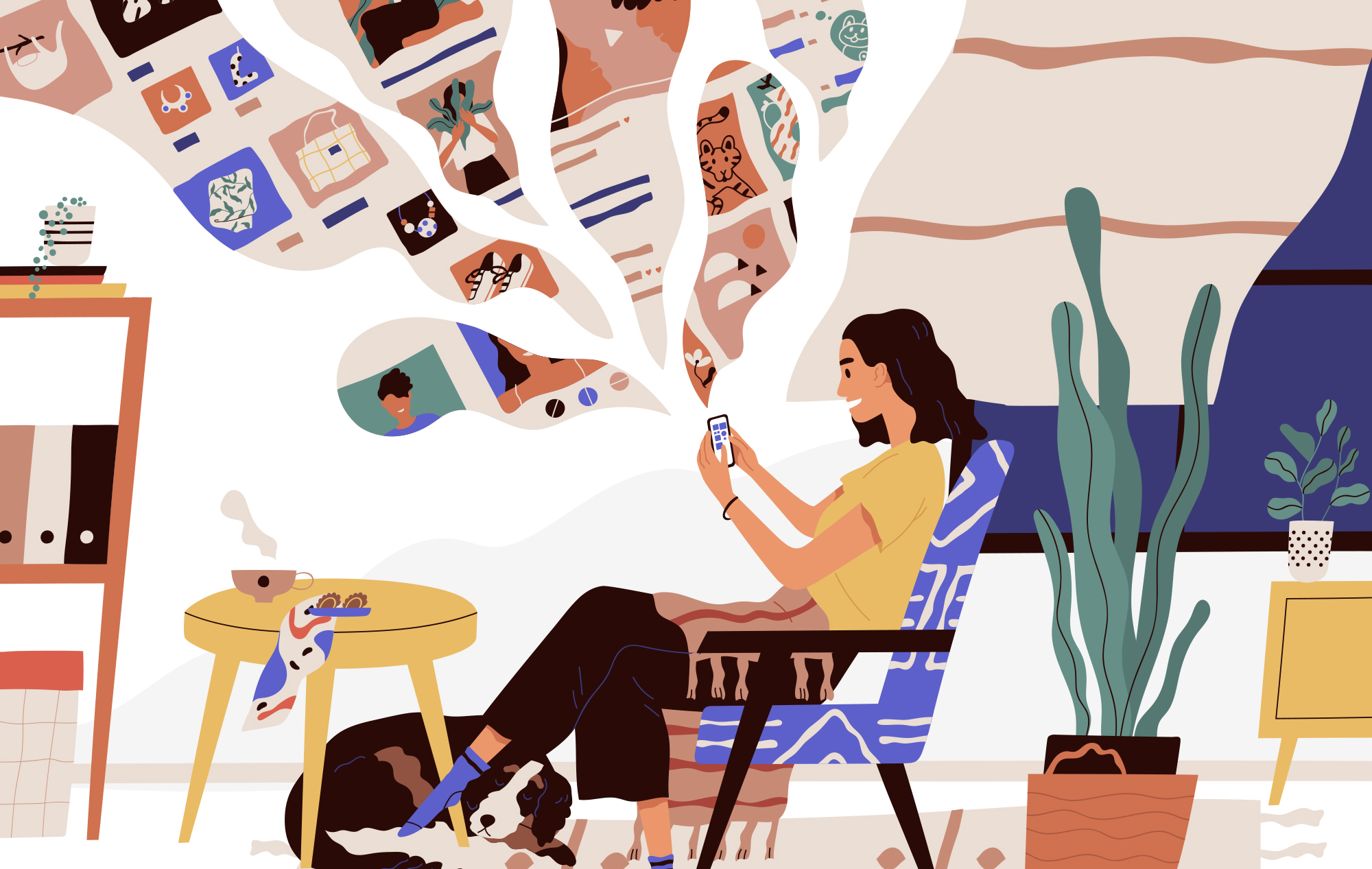  Digital illustration. A person with a delighted expression sits in a colorful, cozy space, looking out at a smart phone they are holding in their hands. A dreamscape of images from the web, such as a portrait photo, a pair of shoes and a tiger, emanate from their mobile phone like puffs of smoke.