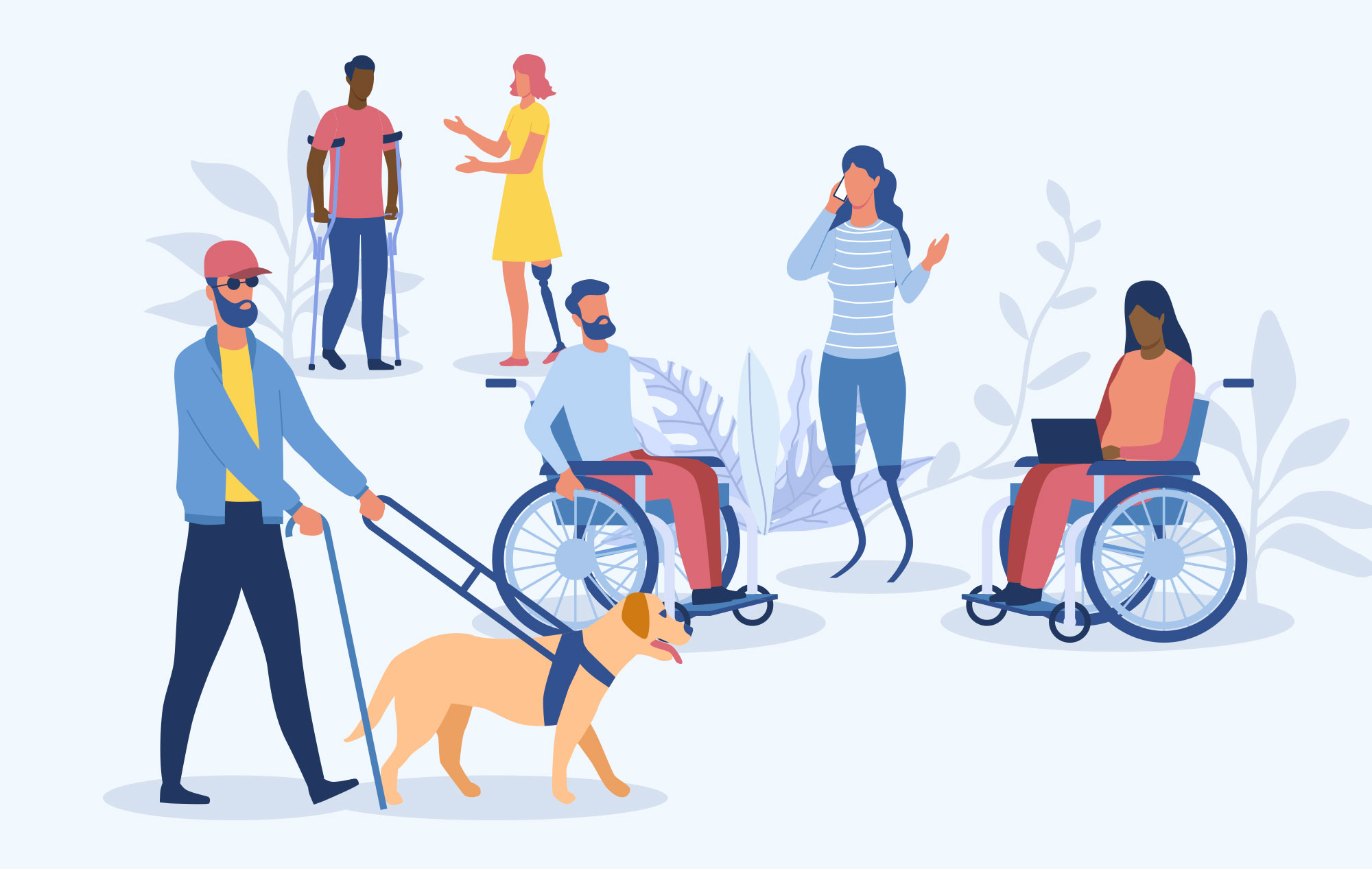 Illustration of various people with disabilities utilizing assistive devices such as wheelchairs, crutches, a cane, and a seeing-eye dog. 