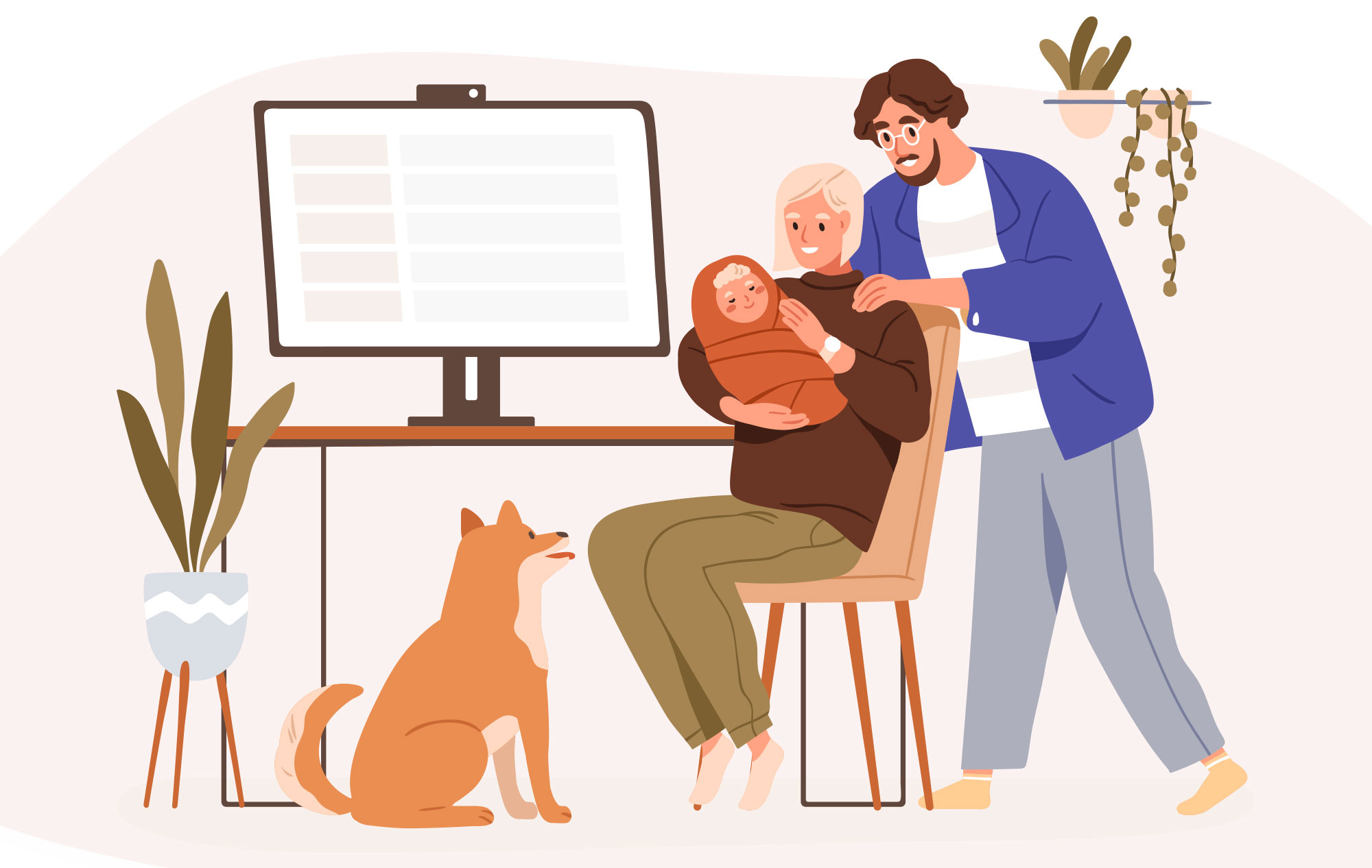 parents with newborn baby and dog in front of a computer desk