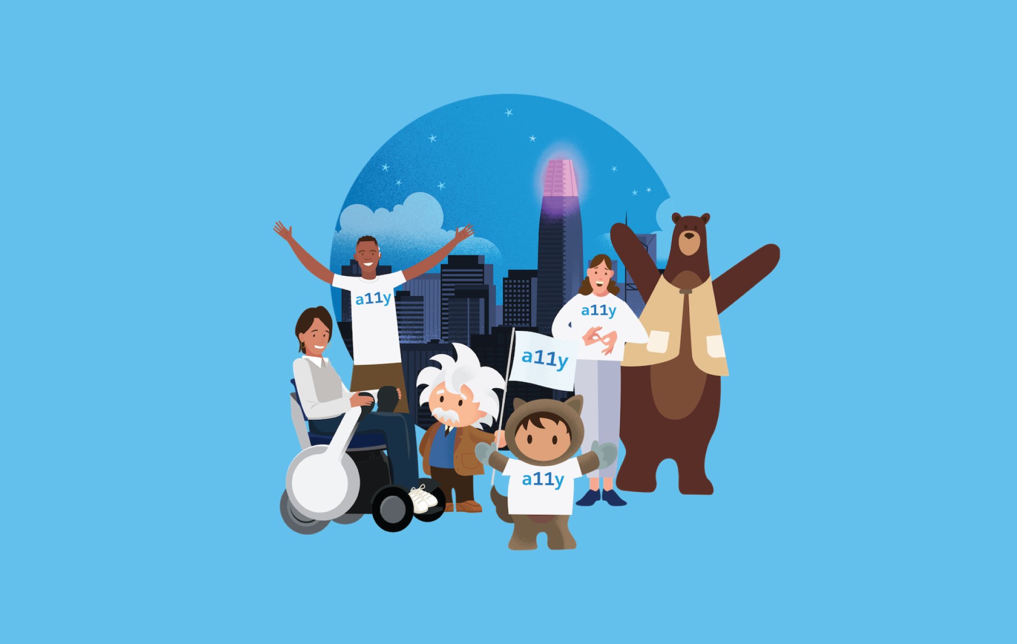 Illustration of Salesforce characters standing in front of a circular cityscape at night. Several are wearing shirts or holding a sign that says a11y.